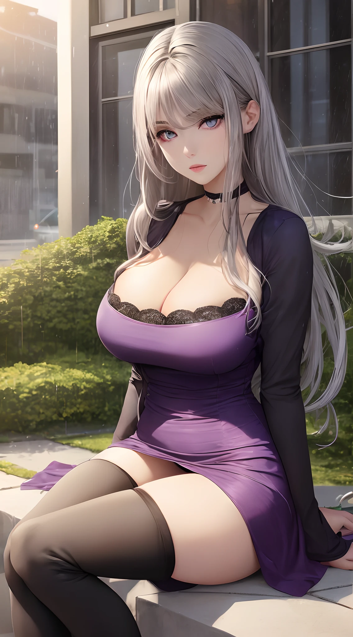 ((Realistic lighting, Best quality, 8K, Masterpiece: 1.3)), Clear focus: 1.2, 1girl, Perfect body beauty: 1.4, Slim abs: 1.1, ((black silver hair)), (purple pink dress: 1.4), (Outdoor, night: 1.1), Russian girl, Russian beauty, City Street, Super Fine Face, Fine Eyes, Double Eyelids, (Over the knee black stockings: 1.5), huge breasts, tide sexy dress, sitting on floor, sexy sitting, rain weather
