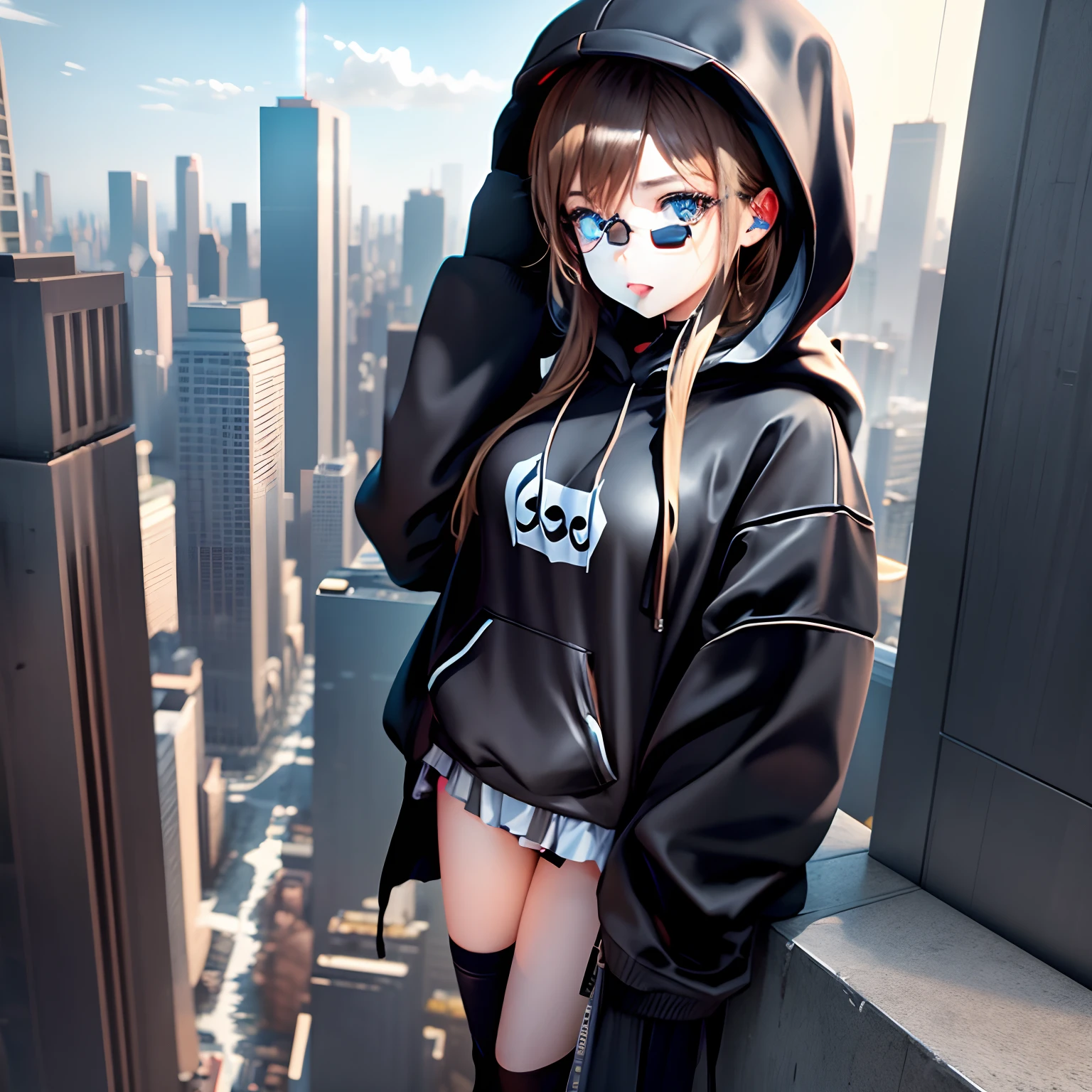 A anime girl wearing black hoodie, standing at top of a skyscraper building, looking at viewer, high quality, 8k highly rendered