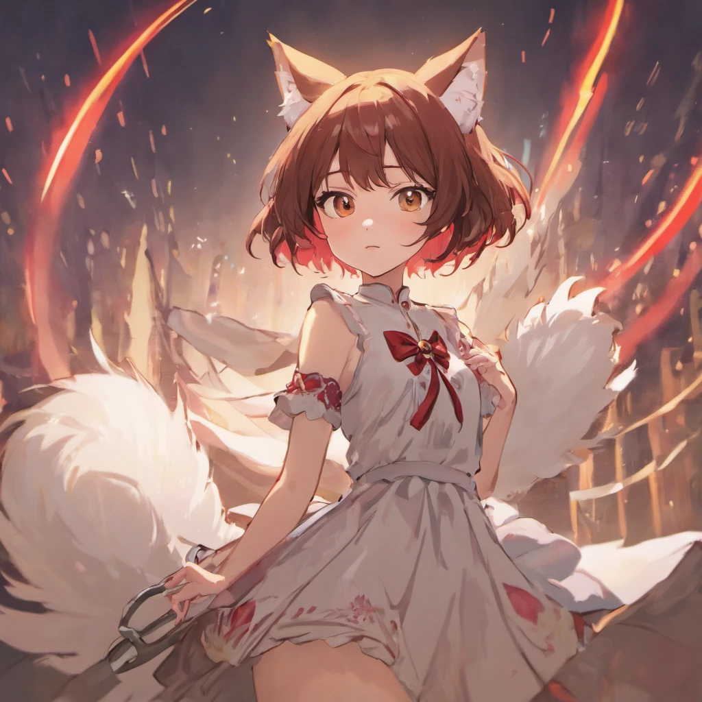 Kitsunj Girl Short Brown Hair, white fox ears, 6 white foxes with a red end, The left eye is white, Right Cherina, red dress