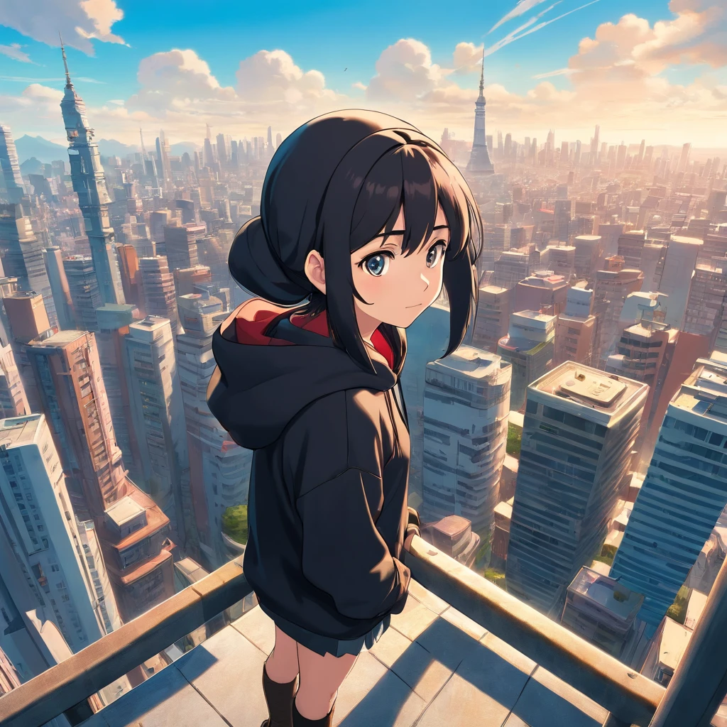 A anime girl wearing black hoodie, standing at top of a skyscraper building, looking at viewer, high quality, 8k highly rendered