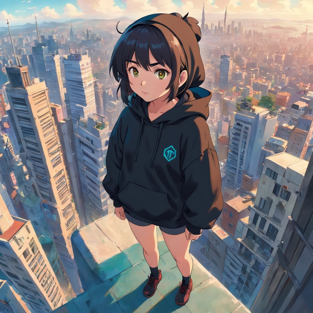 A anime girl wearing black hoodie, standing at top of a skyscraper building, looking at viewer, high quality, 8k highly rendered
