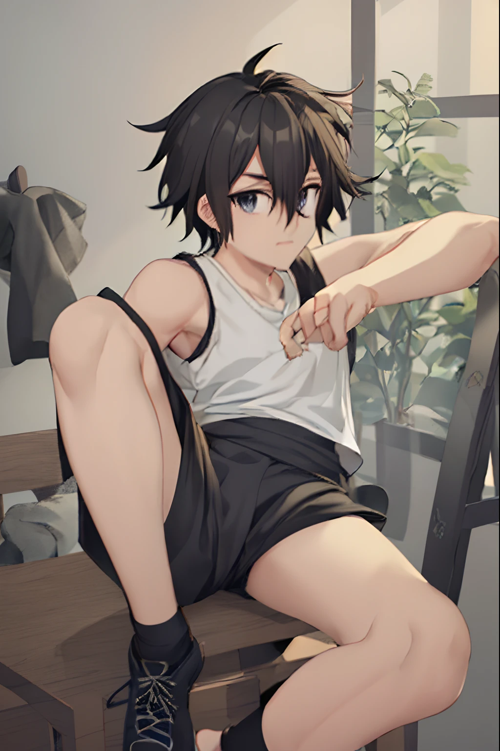 handsome anime boy climbing a ladder wearing black shorts and a white tshirt covered by a tanktop, with black shoes and socks, lean legs