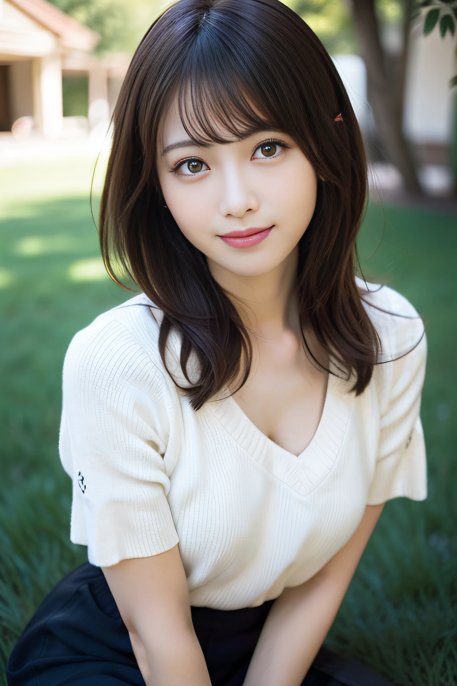 in 8K,Best Quality:1.4, 超A high resolution:1.5, (Photorealistic:1.4),masterpiece:1.2,(top-quality:1.4)、 Raw photo、(the background is blurred), Large lawn park:1.4、On the lawn、FULL BODYSHOT:1.5、 1日本人の女の子, Cute, (Solo), (Shy smile), Smooth skin、(30-years old:1.4)、to stand、Check miniskirt、Cute mini skirt、 (Brown medium hair,Bangs), (touch hair:1.4)、nogizaka、cute little、Supple fingertips,Beautiful black eyes、natural skin textures:1.3, realistic eyes and face details:1.7、middlebreasts、gazing at viewer、gravure、beauty legs