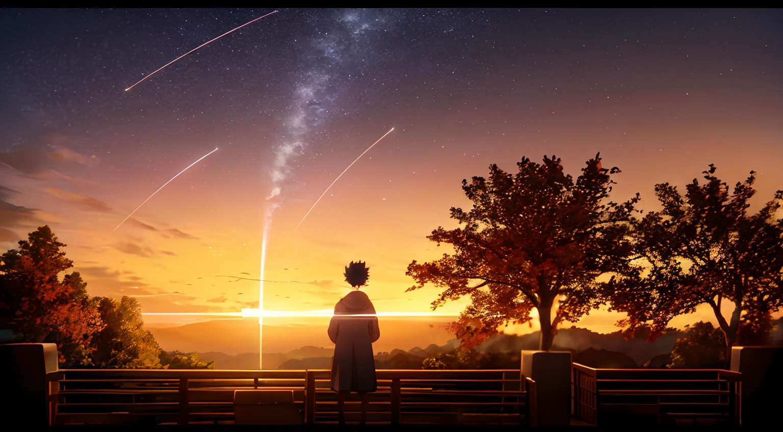 koe no katachi, shoya ishida, 1person, watching sunset, dark sunset, very dark sunset, cinematic, dramatic, epic, trees, shooting star, flying leaf,