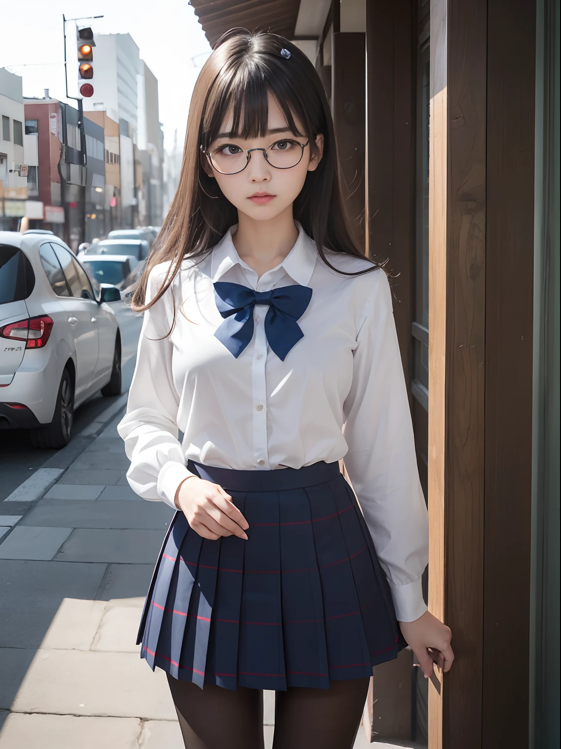 (),(Underwear is visible),(8K、Raw photography、top-quality、masterpiece:1.2),((small tits))、((small tits))、((small tits))、((small tits))、((small tits))、((A-cup))、((A-cup))、((A-cup))、((A-cup))、((A-cup))、Has a small、(flat breast)、(flat breast)、(flat breast)、(flat breast)、(flat breast)、(being thin)、Rasping,glamor,Chromo-white skin,cocky,School,watching at viewers,Looking at the front,Muchimuchi,High-pitched clothing,Erotic,Pupils,de pele branca,kne,((Black pantyhose)),absurderes,a small face,,Forehead visible,Bangs hanging from the left and right sides of the forehead,(a cold expression,Tight eyes,glares,Bullish,irate)、masterpiece,top-quality、超A high resolution,Raw photo,ren,Beautiful fece,One Person, 独奏,eye glass,,Dark look,Small breasts,fullllbody,Round glasses,JK school uniform,hi-school girl,A Japanese Lady,is standing,(Photorealsitic:1.37)、Photon mapping,Realistic、Beautie,Cute little face,Brown-eyed、Black socks、(Red bow tie)、Radio City、Physically Based Rendering、depth of fields、Blurry background、a picture,Body,beauty legs, Long legs, Thin leg,(Bangs are visible), hair, s lips, Blue_The eye, nosesoft,(Light blue shirt), (Navy and blue and white plaid pleated skirt), Knees are visible,Sheer clothing,, Thigh, Black cotton socks,Nogizaka Idol, 女優, Japanese ido