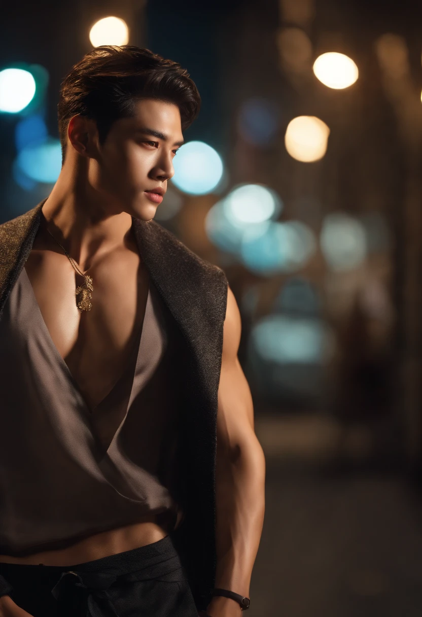 8K, Masterpiece, RAW photography, Best quality, Photorealistic, Highly detailed CG unity 8K wallpaper, Depth of field, Cinematic light, Lens flare, Ray tracing, (Extremely beautiful and attractive face, Beautiful lips, Beautiful eyes), intricate detailed face, (ultra detailed skin), 1 man, In nature, In deep shadows, Beautiful European male, Kpop idol, 1 male, (Very strong and muscular body:1.3), (looki at viewer), (Great firm look) :1.3), (Sleeveless), (Fashion night, Dark night, Neon signs, Blurred background), Fashion Street Night, (people in the back:1.3), Beautiful earrings, bangle, necklace, Pantyhose, Clear eyes, Walking, (Pale skin), (Big eyes), Face forward, (upperbody shots), (baggy clothes:1.3), (Brown hair), (Bosh costumes, (Transparent), (looki at viewer:1.3) Very strong ,, Turn around, (Back shot), Transparent, Medium sized buttocks.Wear a mask，Wear a mask，Wear a mask，Wear a mask，Wear a mask，Wear a mask，Wear a mask，Wear a mask，Wear a mask，Wear a mask，