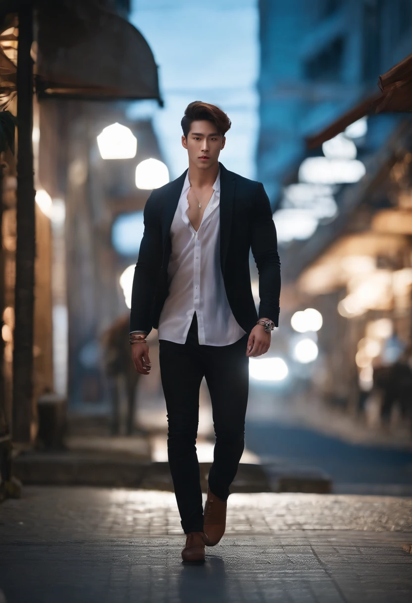 8K, Masterpiece, RAW photography, Best quality, Photorealistic, Highly detailed CG unity 8K wallpaper, Depth of field, Cinematic light, Lens flare, Ray tracing, (Extremely beautiful and attractive face, Beautiful lips, Beautiful eyes), intricate detailed face, (ultra detailed skin), 1 man, In nature, In deep shadows, Beautiful European male, Kpop idol, 1 male, (Very strong and muscular body:1.3), (looki at viewer), (Great firm look) :1.3), (Sleeveless), (Fashion night, Dark night, Neon signs, Blurred background), Fashion Street Night, (people in the back:1.3), Beautiful earrings, bangle, necklace, Pantyhose, Clear eyes, Walking, (Pale skin), (Big eyes), Face forward, (upperbody shots), (baggy clothes:1.3), (Brown hair), (Bosh costumes, (Transparent), (looki at viewer:1.3) Very strong ,, Turn around, (Back shot), Transparent, Medium sized buttocks.Wear a mask,Wear a mask,Wear a mask,Wear a mask,Wear a mask,Wear a mask,Wear a mask,Wear a mask,Wear a mask,Wear a mask,