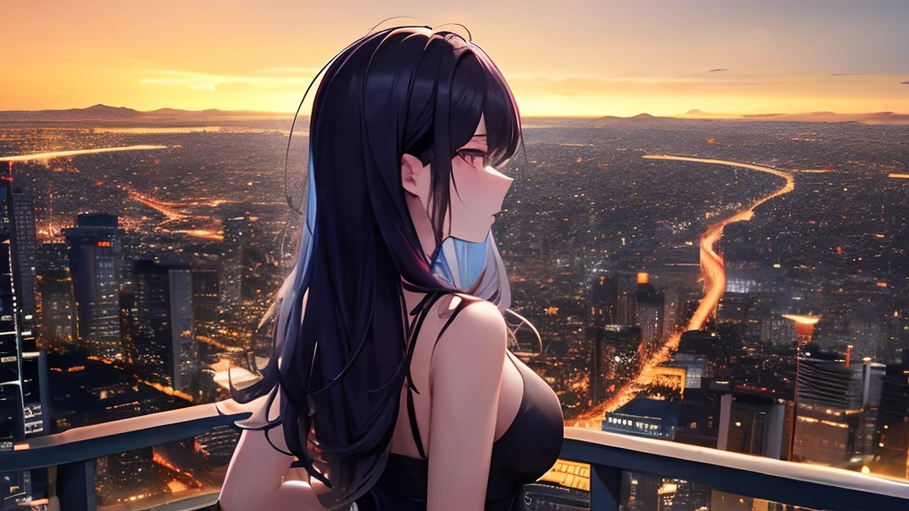 (Masterith),(Best Quality),There is a woman,Neon lights look down on the beautiful city from the rooftop、Night sights、Cinematic lighting、femele:0.2,City sights:0.8