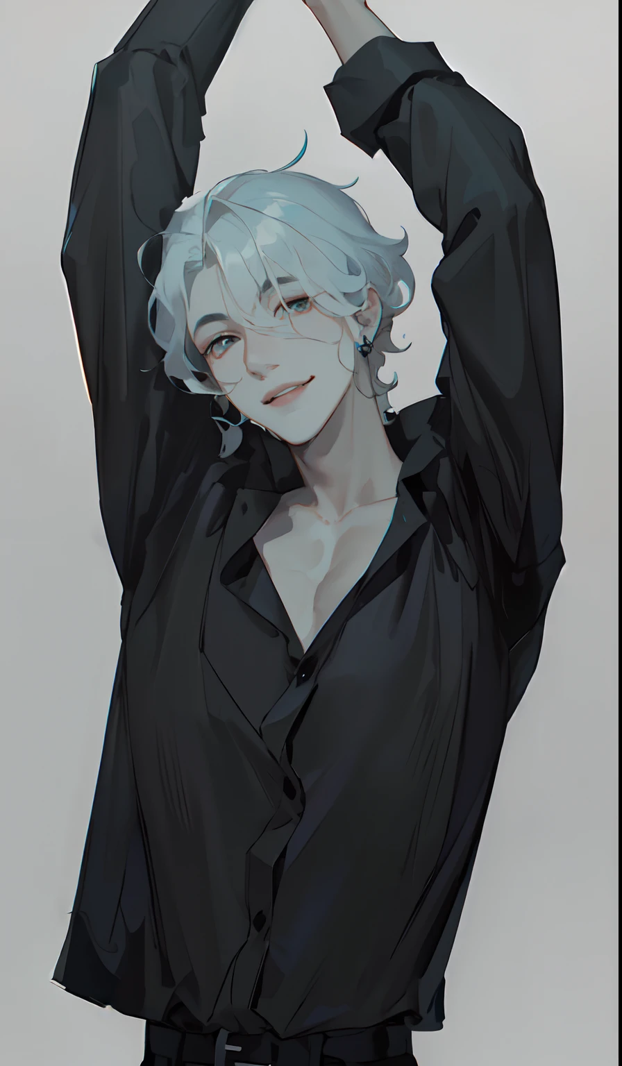 white hair, colorful pattern shirt, handsome guy, ((wavy prince-like hair: 1.9)), ((wind blowing hair)), white skin, (beautiful man: 1.4), (masterpiece), well drawn, (detailed), intrincate details, male, seductive smile, enticing, friendly, soft lips, detailed face, defined face, korean singer