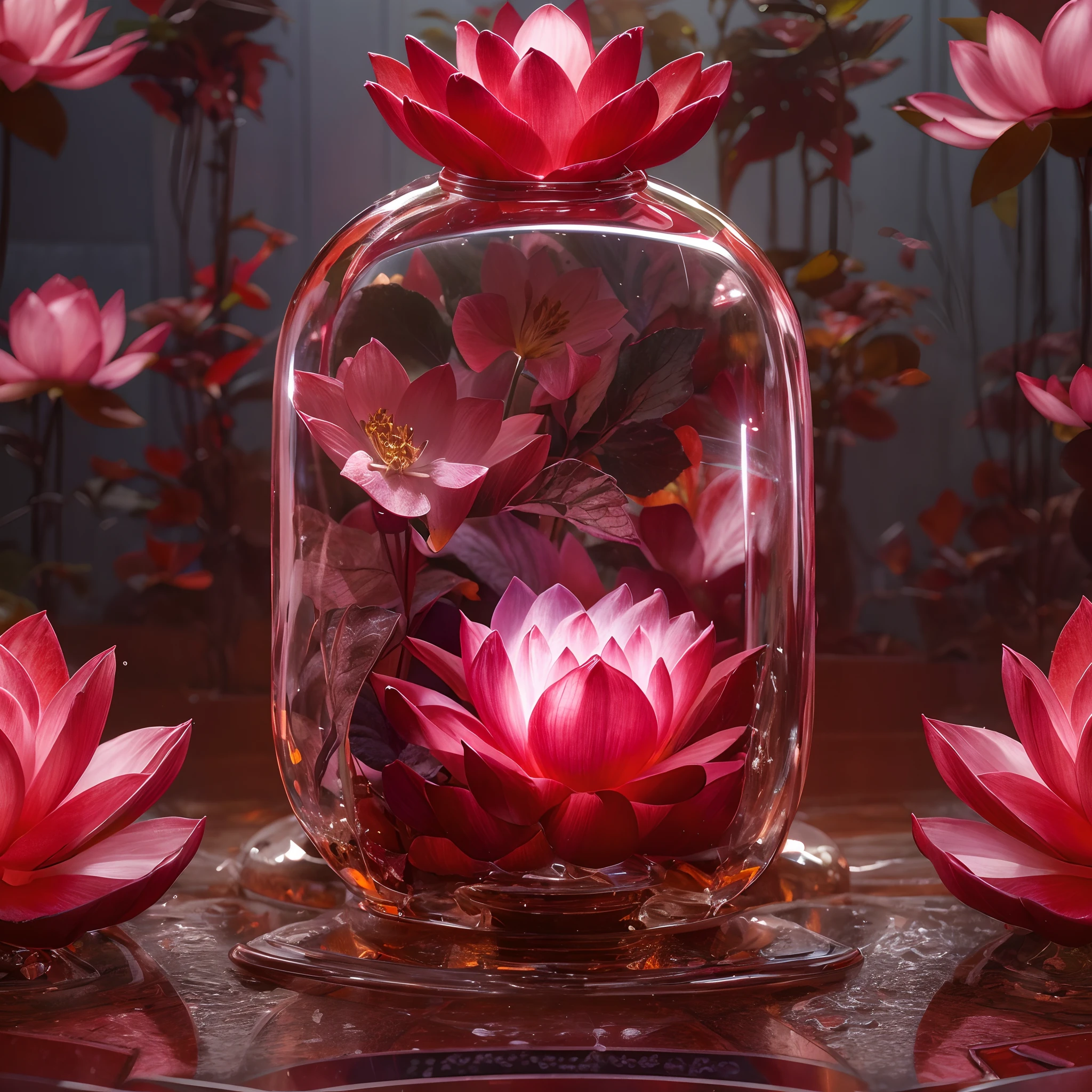 The highest quality, the greatest masterpiece of this century. A gorgeous ruby is trapped in a bottle, and a lotus is blooming from that ruby. Futuristic fusion art. The best art on earth. A brilliant fusion of art that no one has ever seen before. A lotus blooms from a ruby. Zoom inside the bottle. High contrast. Photoreal, real photos. 16K,