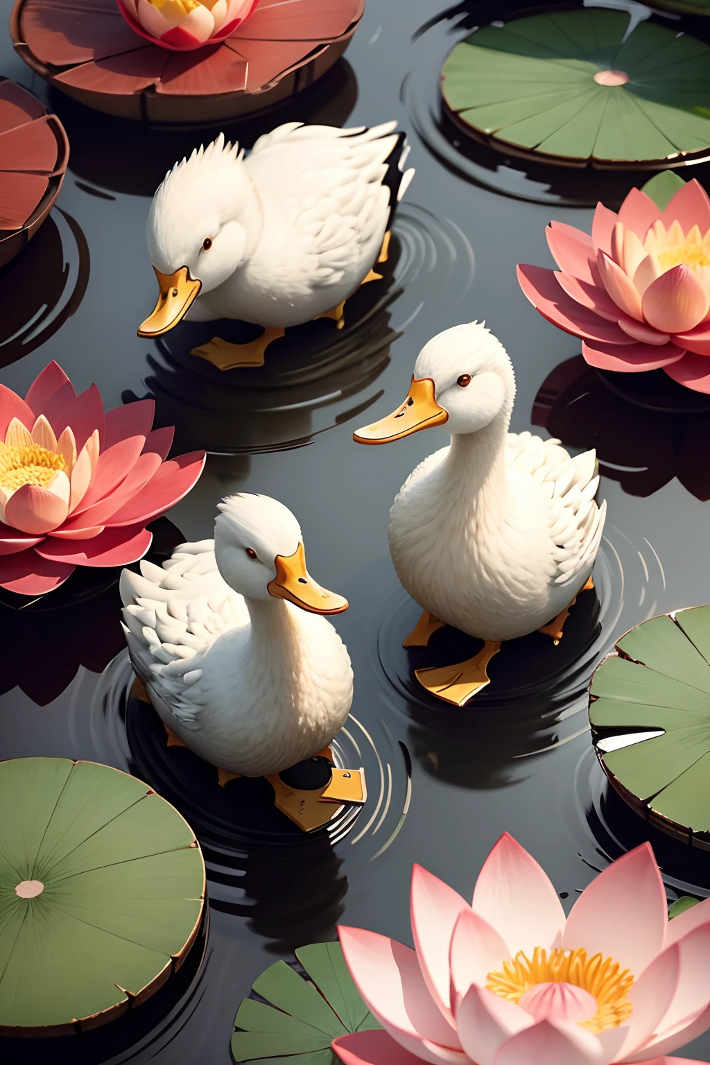 Ducks splashing in the lotus pond，The background color is red，The emphasis is on lotus flowers and ducks，It means that this product is the enthusiasm and pride of the people of Jiangxi.8k,Illustration style