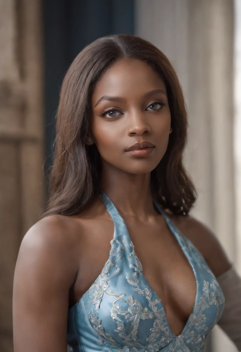 Edward Elric : La femme, professeur, Zone scolaire, showing the shoulder, salle de classe"Description: A beautiful black woman with stunning blue eyes that reflect depth and mystery. Her lips are thick and fleshy, Add a touch of sensuality. She has delicate features that enhance her beauty. Your body is well defined, with a wide bust that brings elegance. Her hair is long and well groomed, adorned with African ornaments that celebrate their culture. Elle porte une robe courte sexy, qui met en valeur sa silhouette. Sur les pieds, He wears lightweight shoes with high heels. His posture is elegant and confident, Conveying power and presence in an urban business environment. The image has a realistic high definition photography style, with bright colors and realistic reflections. Every detail is meticulously captured, resulting in an image rich in textures and nuances.: "photographie", "art_Styles": "Realstic", "art_Inspirations": "photographie de mode, portrait", "Camera images": Photo taken in a room near the window
