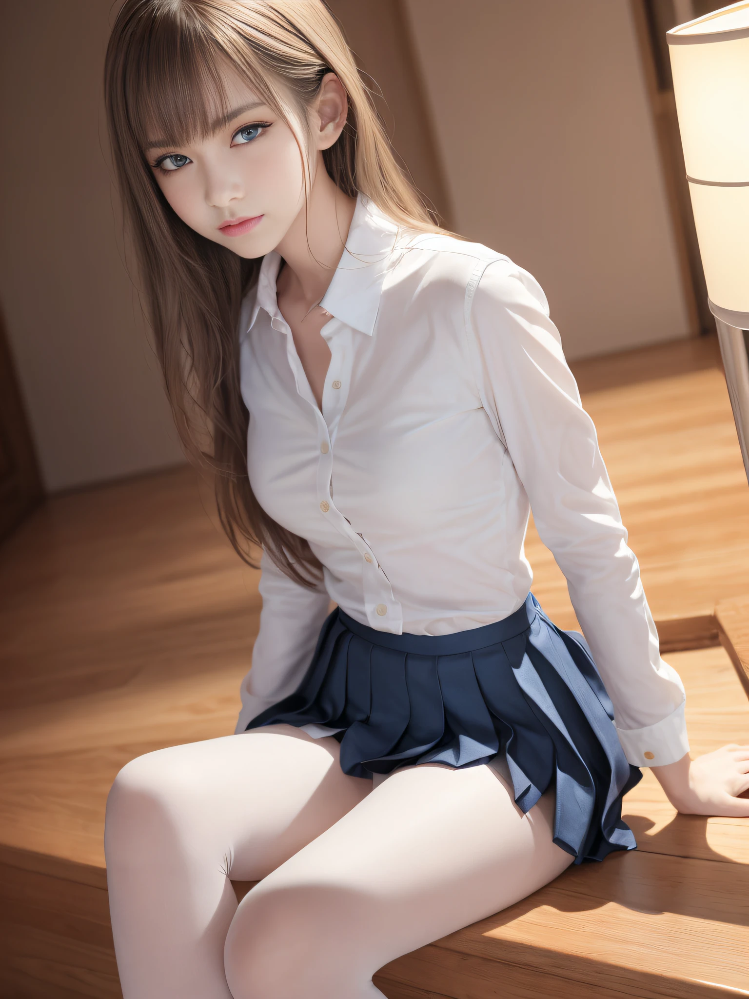 Ultra realistic 8K CG, Picture-perfect face, flawless, clean, masutepiece, Professional artwork, famousartwork, Perfect face, Beautiful face, Beautiful eyes, ((Perfect female body)), (Slender body),  girl, Solo, (Immersive atmosphere, Chiaroscuro:1.5, Bright light:1.2, Luminous lighting), (blush:0.5), fascinated expression, Extremely detailed_Eyes, Small breasts, beautifullydetailedbackground, depth of fields, Realistic:1.3, longshot, 1girl in, Shirt, Pleated skirt, Japan school uniform, Sitting, Full body, (ambient lights:1.3), (Cinematic composition:1.3), (neon light:0.1), (nffsw:0.1), Accent Lighting, White pantyhose,Neat and clean lady，