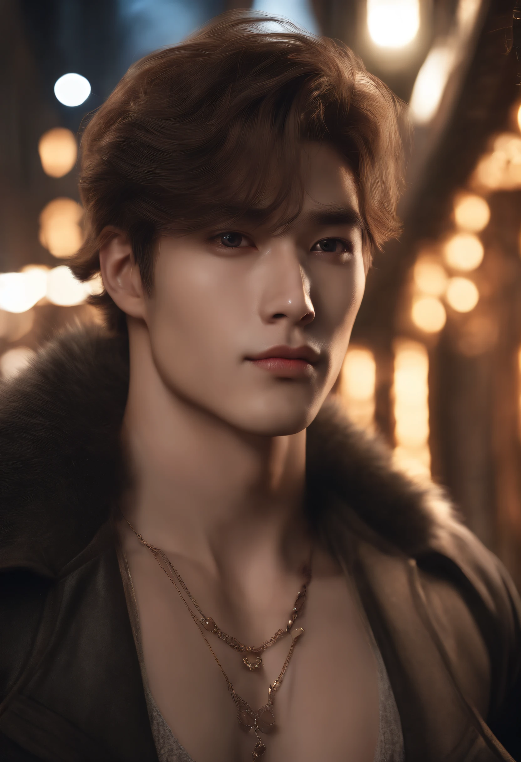 8K, Masterpiece, RAW photography, Best quality, Photorealistic, Highly detailed CG unity 8K wallpaper, Depth of field, Cinematic light, Lens flare, Ray tracing, (Extremely beautiful and attractive face, Beautiful lips, Beautiful eyes), intricate detailed face, (ultra detailed skin), 1 man, In nature, In deep shadows, Beautiful European male, Kpop idol, 1 male, (Very strong and muscular body:1.3), (looki at viewer), (Great firm look) :1.3), (Sleeveless), (Fashion night, Dark night, Neon signs, Blurred background), Fashion Street Night, (people in the back:1.3), Beautiful earrings, bangle, necklace, Pantyhose, Clear eyes, Walking, (Pale skin), (Big eyes), Face forward, (upperbody shots), (baggy clothes:1.3), (Brown hair), (Bosh costumes, (Transparent), (looki at viewer:1.3) Very strong ,, Turn around, (Back shot), Transparent, Medium sized buttocks.