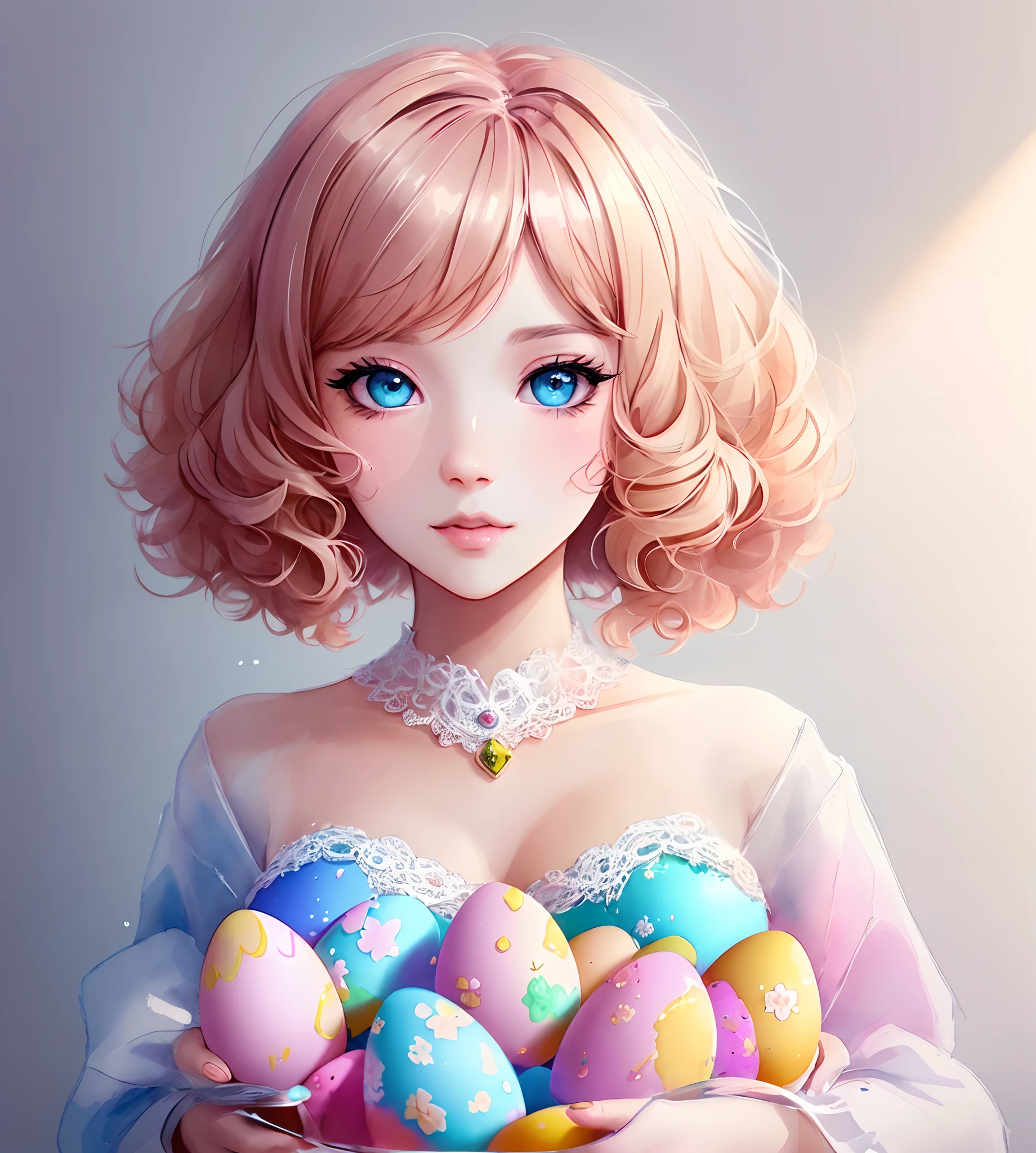 Beautiful animal poodle with dreamy eyes, volumetric lighting, hyper realistic, intricate details, illustration, drawing, watercolor, kawaii chibi, eating easter eggs, wow! , shallow depth of field, soft palette, soft light, minimalist, modern, digital painting, by lois van baarle and ross tran and artgerm, trending on Artstation HQ, very detailed