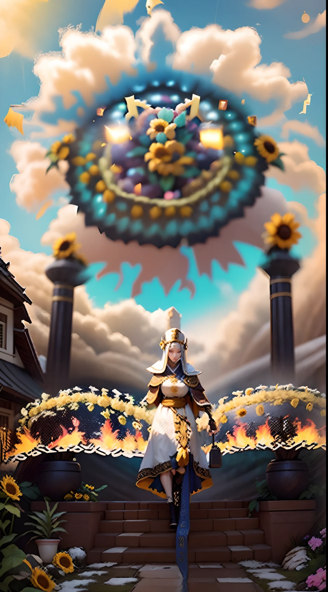 In a very spectacular scene,The extra-large wide-angle lens captures the appearance of female centaurs。She is a sunflower worship nun,Always against(Healing emoji smiley face of knitted sunflower puppet😊:99.99)DOA。She is tall,It has the ultimate curvaceous beauty,The muscles are slender and strong,Beautiful lines。She has(Oversized sky blue eyes:99.99)、been(Wear sexy glasses:6.66)、(She wears a stately nun costume:9.9)、Step on the heel of a boot-style skyscraper、A pink cross hangs from his chest。Using Midjourney's advanced tools,Designed for female centaurs(Knitted sunflower puppets,And make a super healing cartoon smiley face in the center of the flower plate as a decoration:9.9),and noble and solemn nun costumes,and highlight her unique physical features and facial details,Add realism。Against the backdrop of her prayers and listening to confessions,Spectacular natural landscape,For example, The sky alternates between stormy and sunny days、Starry rivers and auroras、Snow-capped Mount Everest、Yamashiro fireworks, etc。ao mesmo tempo,Away from the hustle and bustle next to the church,Create dream scenes。Use advanced tools and multiple color palettes halfway through、Brush strokes、Texture tools and model packages,It shows a sense of atmosphere where beauty and charm coexist。The charm of female centaurs is highlighted by colors and lines,Enhance realism with details,Create a surreal dreamy feeling。Additionally,Use tools halfway through to add various exorcism props and books to female centaurs、pergaminhos,Create complex hairstyles and outfits,Give her a sense of premium。She never flinched,No matter what monster you encounter,Can respond quickly,Even the most extreme natural disasters and monster armies could not stop her and her front lines(Sunflowers with the Tyndall effect,Can emit sunlight 9.99)。Use Midjourney's powerful tools,You can do this with incredible detail and beauty,Bring this super grand and beautiful scene to life。A grand spectacle,super wide shot, hdr,(真实感,M