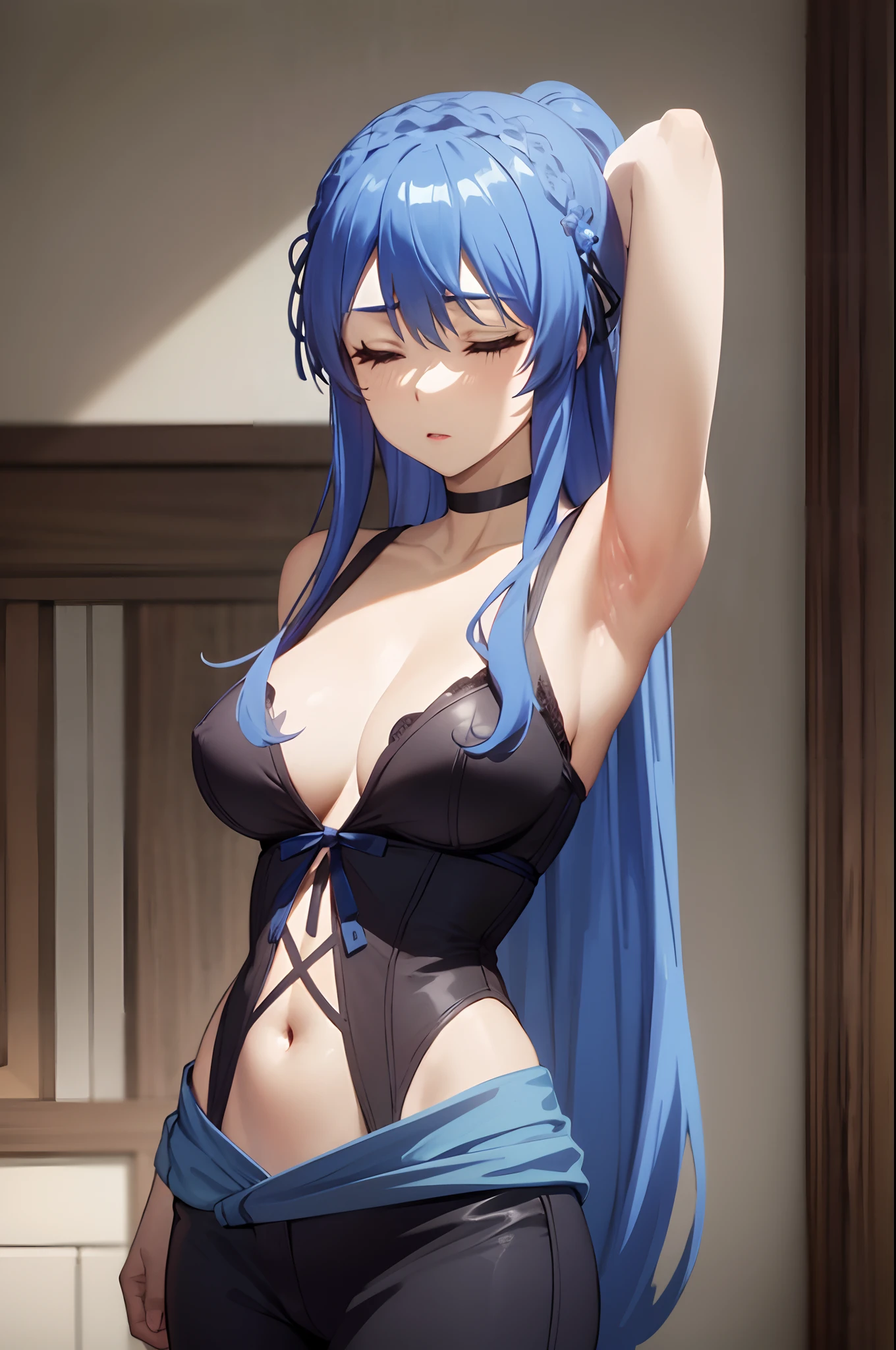 blue hair(absurdres, highres, ultra detailed, masterpiece, best quality), (detailed background), (beautiful detailed face), high contrast, (best illumination, an extremely delicate and beautiful), ((cinematic light)), dramatic light, hyper detail, intricate details, BREAK (1girl, woman, solo, closed eyes, embarrassed, sexy, gorgeous, elegant, (nsfw:1.2, nude), medium breasts, (bdsm, bondage:1.2), arms up), BREAK (long ponytail hair,, long hair, straight hair, , dark lips, makeup, puffy lips, parted lips), BREAK standing, tied with leather straps, tied to pole, pants pull, shirt lift, latex, torn clothes, choker, BREAK looking away, cowboy shot, BREAK indoors, concrete wall, dark room, cage, wooden floor, dark room,