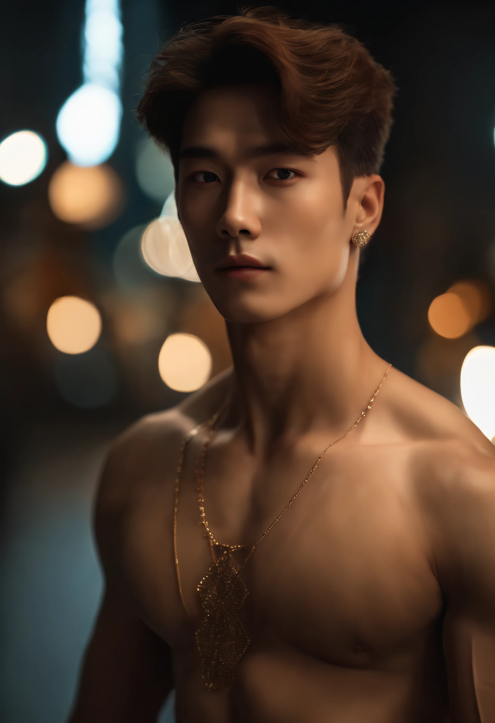 8K, Masterpiece, RAW photography, Best quality, Photorealistic, Highly detailed CG unity 8K wallpaper, Depth of field, Cinematic light, Lens flare, Ray tracing, (Extremely beautiful and attractive face, Beautiful lips, Beautiful eyes), intricate detailed face, (ultra detailed skin), 1 man, In nature, In deep shadows, Beautiful European male, Kpop idol, 1 male, (Very strong and muscular body:1.3), (looki at viewer), (Great firm look) :1.3), (Sleeveless), (Fashion night, Dark night, Neon signs, Blurred background), Fashion Street Night, (people in the back:1.3), Beautiful earrings, bangle, necklace, Pantyhose, Clear eyes, Walking, (Pale skin), (Big eyes), Face forward, (upperbody shots), (baggy clothes:1.3), (Brown hair), (Bosh costumes, (Transparent), (looki at viewer:1.3) Very strong ,, Turn around, (Back shot), Transparent, Medium sized buttocks.