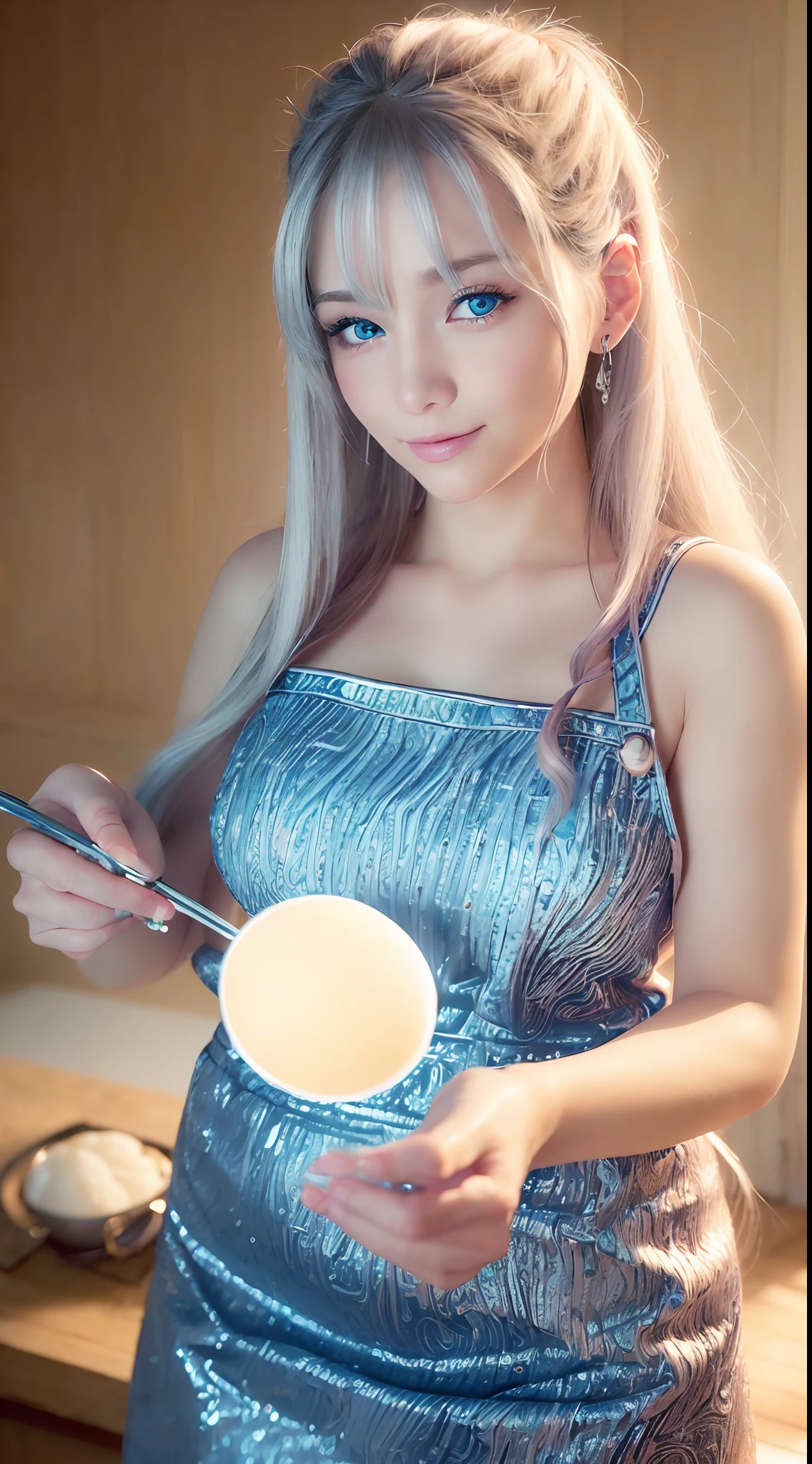 (best quality, ultra-detailed, photo-realistic:1.37), silver long hair, dreamy blue eyes, happy woman cracking an egg with chopsticks, soft lighting, pink apron, illustration, bangs, flowing hair, gentle breeze, glossy strands, thick egg white