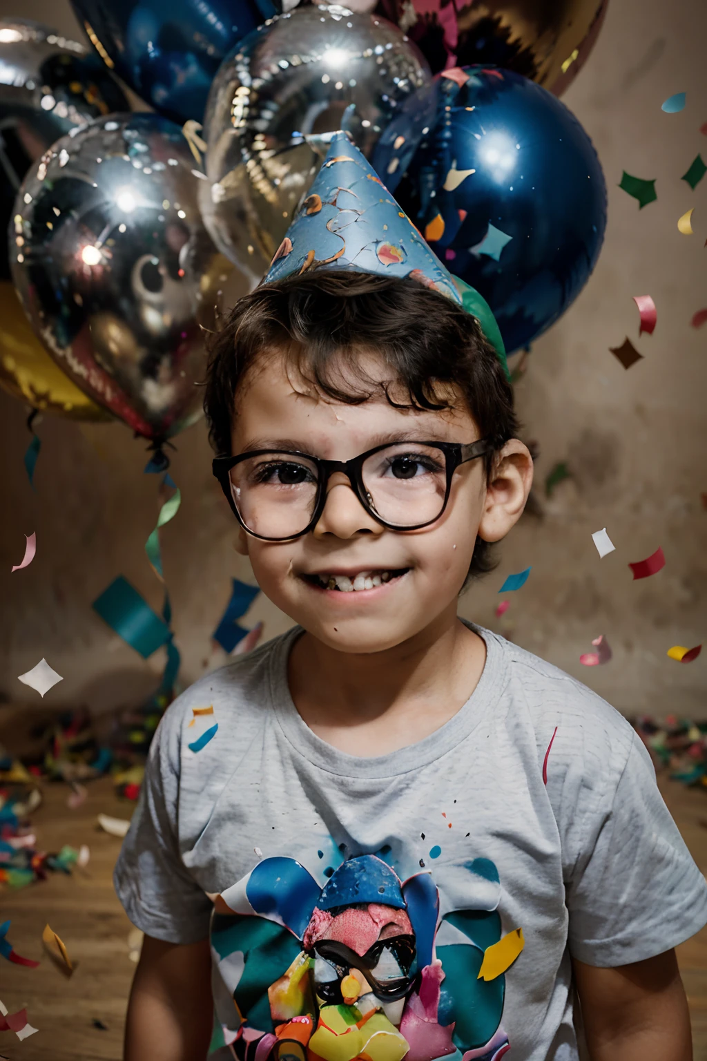 studio photograph style. a 3--old wearing glasses, with a birthday hat, surrounded by many balloons and confetti, parecendo muito feliz. celebrating a birthday.