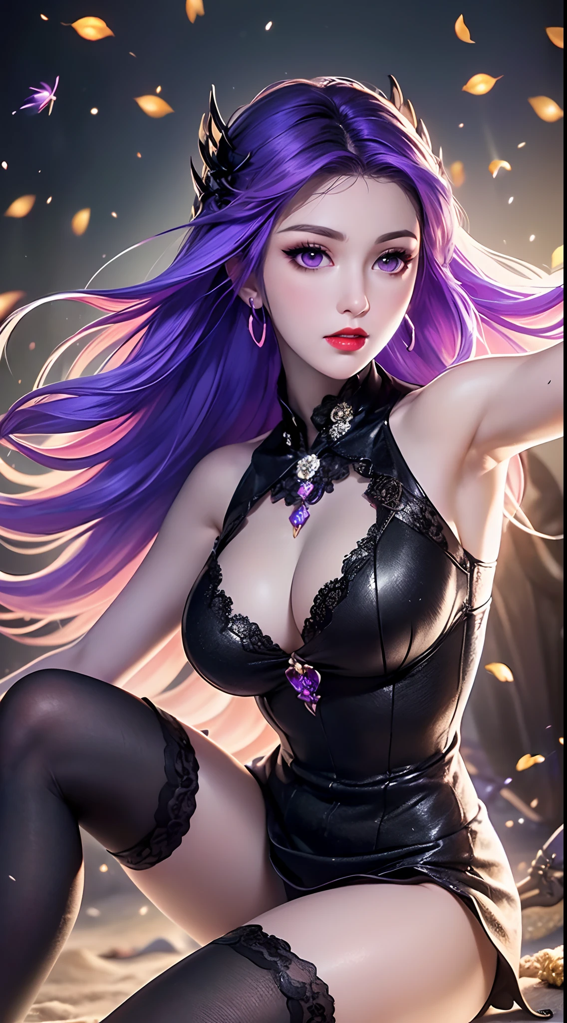 1 beautiful and sexy 20 year old girl, ((wearing a super purlpe dress:1.6)), ((a dress with diamonds:1.7)), ((long purple hair:1.6)), jewelry elaborately made from precious stones and beautiful hair, ((A thin red silk scarf covers half of the face:1.5)), (((wearing a thin light purple silk mask:1.5))), the noble, noble style of an extremely beautiful girl, her small face is super cute, her face is very pretty, thin eyebrows, flawless beautiful face, ((black eye pupils: 0.8)), very beautiful eyes, ((purple eyes: 1.6)), (((big round eyes:1.6))), nice makeup and hair detailed eyelashes, steamy eye makeup, high nose, earrings, red lips, ((closed mouth: 1.5)) beautiful lips, slim hands, most beautiful thighs, ((arms spread out to the sides: 1.5)), rosy face, flawless beautiful face, smooth white skin, (big breasts: 1.5)), ((high breasts: 1.6)), tight breasts, beautiful cleavage, (((big breasts and super round: 1.8))), ((super tight breasts: 1.7)) , beautiful breasts, perfect body, back arms, chest out, ((thin black mesh stockings with black lace trim:1.5)), ((sitting position with chest up and arms behind: 1.6)), ((open your legs:1.2)), don't be shy, 8k photo, super high quality, super realistic, super 10x pixels, optical, bright studio, bright edges, dual-tone lighting, (high-detail skin:1.2), super 8k, soft lighting, high quality, volumetric lighting, photorealistic, photorealistic high resolution, lighting, best photo, 4k, 8k quality, blur effect, smooth sharp, 10 x pixel, ((Beach at night and fireflies background:1.5)), aurora, lightning, super graphics realistic, most realistic graphics, 1 girl, alone, solo, Extremely sharp image, surreal, (((frontal portrait: 1.5)))."