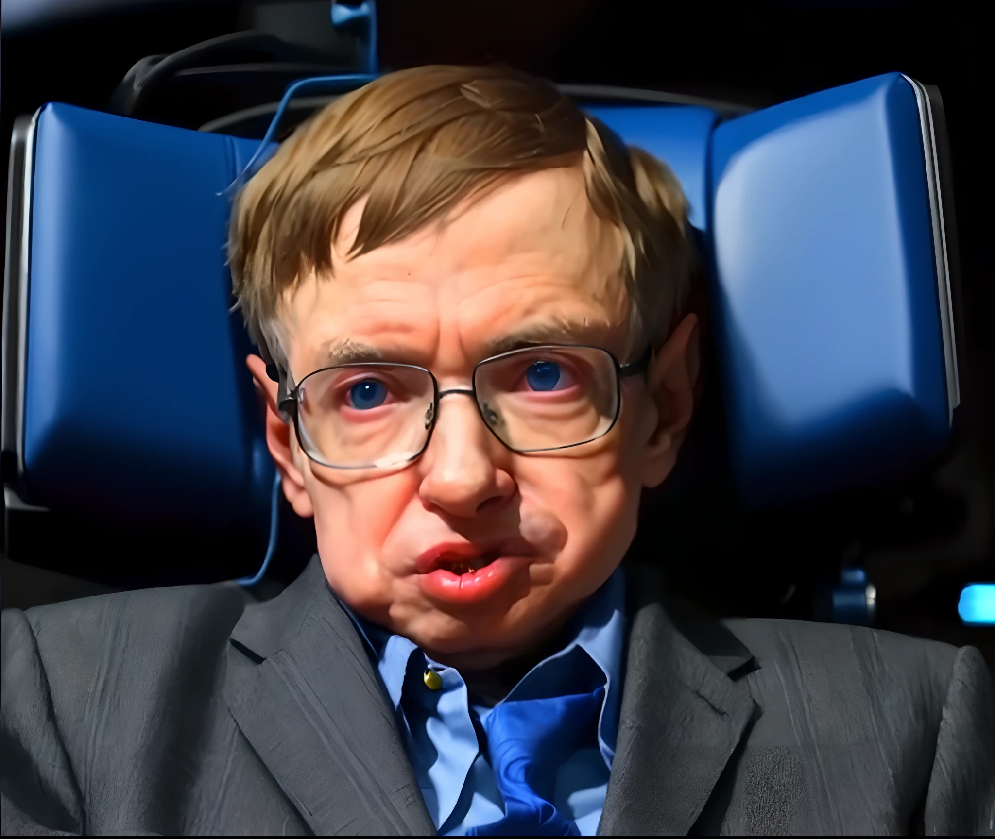 homem de terno e gravata sentado em uma cadeira, Stephen Hawking em Rocket League, stephen hawking, extremamente realista, he has a devastated expression, andy milonakis, Rossdtaws, linus sebastian, hiperrealisim, very realistic appearance, Super-realista, Face extremamente realista, extremely realistic, amazing likeness, rosto hiper realista, incredible