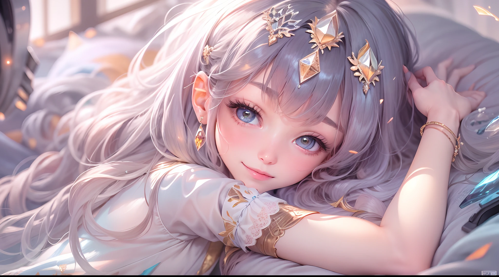 1girll,（enchanced quality：1.4），（Top quality true texture skin), Delicate face,Black hair, Gradient hair, Petite body,（perfect bodies：1.1）, There are precious stones on the forehead, rimless eyewears, Sparkling pupils，long eyelasher,grin, hyper photorealism, Cinematic lighting, projected inset, surrealism, hyper HD, Masterpiece, 16k，Lie down，dream on，Wear transparent silk pajamas,Carmelto,Legs slightly open，Tattooed with，Fantasy space，Luxurious space,hyper-high detail，《Detail adjustments：1.5》