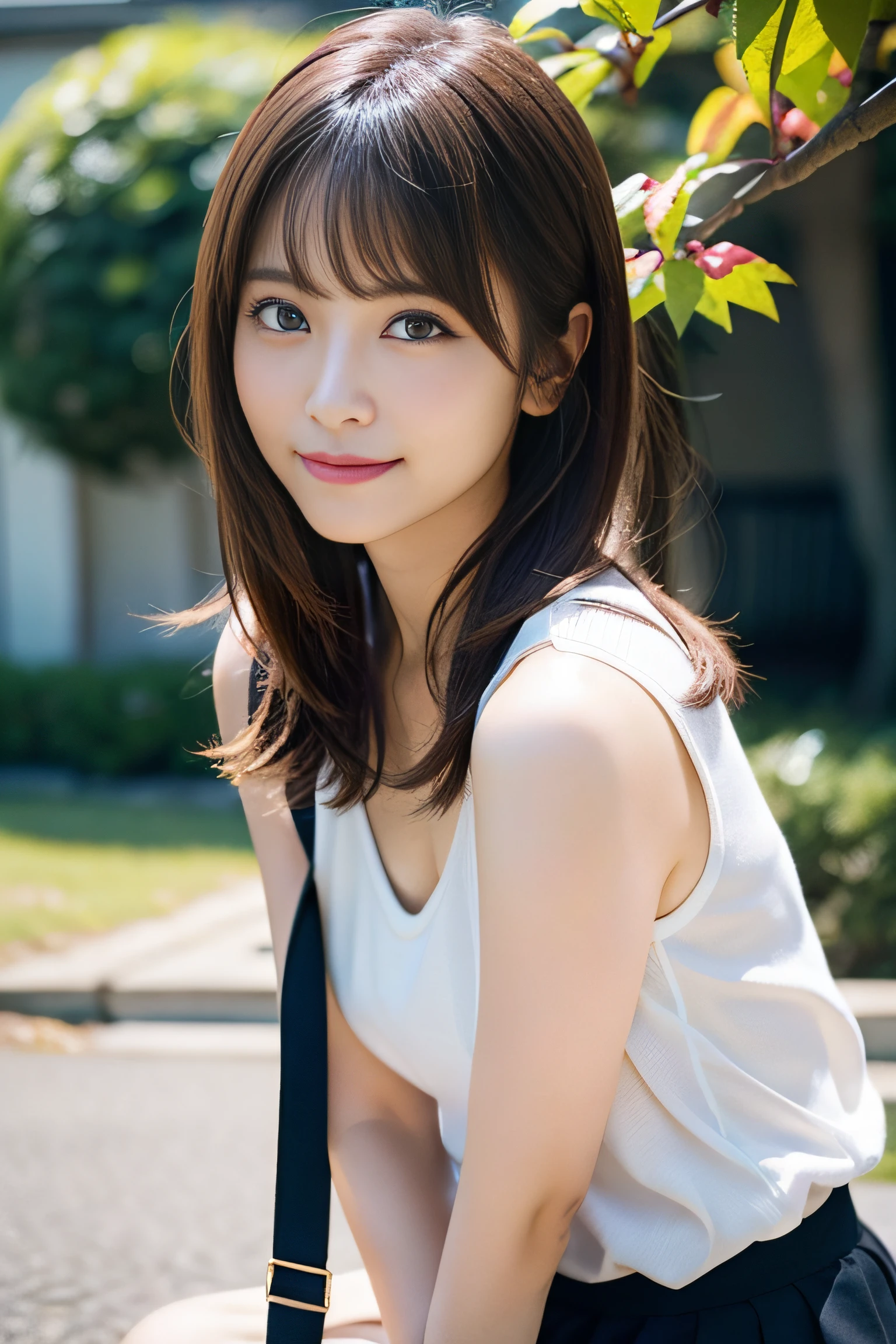 in 8K,Best Quality:1.4, 超A high resolution:1.5, (Photorealistic:1.4),masterpiece:1.2,(top-quality:1.4)、 Raw photo、(the background is blurred), A park on a hill with a good view:1.4、On the lawn、FULL BODYSHOT:1.5、 1日本人の女の子, Cute, (Solo), (Shy smile), Smooth skin、(30-years old:1.4)、to stand、Check miniskirt、Cute mini skirt、 (Brown medium hair,Bangs), (touch hair:1.4)、nogizaka、cute little、Supple fingertips,Beautiful black eyes、natural skin textures:1.3, realistic eyes and face details:1.7、middlebreasts、gazing at viewer、gravure、beauty legs、autumnal