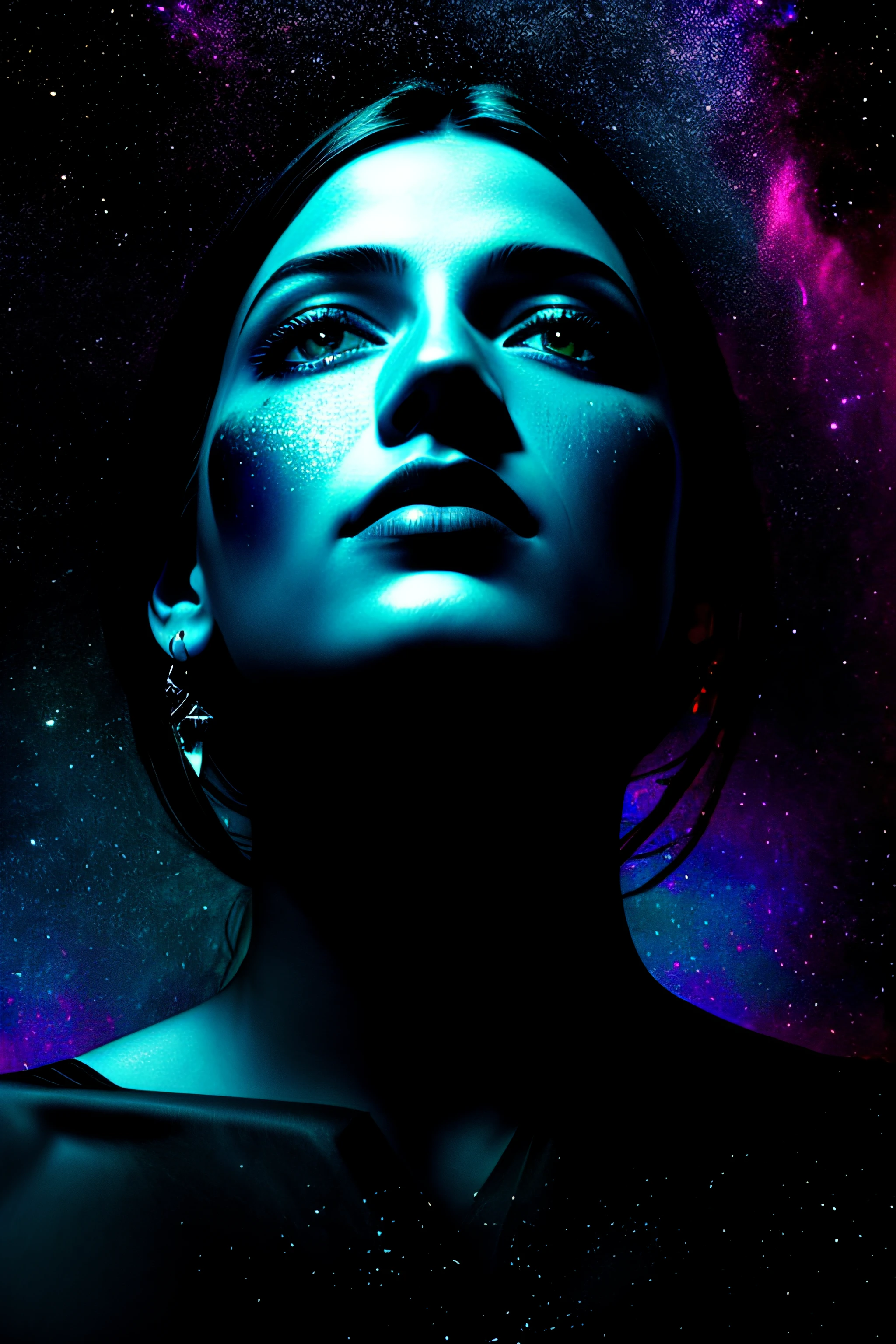 Style-Paint-1900, A beautiful floating in a swimming pool completely covered in paint, Beautiful lighting, up-close, big beatiful eyes, nirvana, Relaxed, Chill, From above, full bodyesbian, paint drops, paint swirls, paint splatter, High heels, (Beautiful spiral paint swirl), author:Jeremy Mann, by Sandra Chevrier, author:Dave McKean、Richard Avedon and Maciej Kuciara。, high detal, 8K, Vivid contrasting colors, color difference, Stars touch the sky with Aurora Nebula drawing stars on background by Style-NebMagic on the background of stars, vivid vivid colors, a vibrant digital illustration, Black background, behans hd, Masterpiece, Best quality, (Realistic:1.2), (High contrast:1.2),