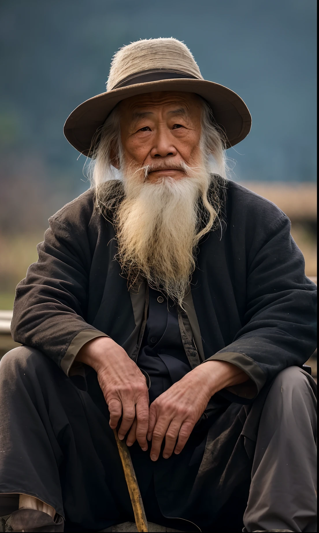 asian man,with a long beard,Sitting on a bench in a hat, Wise old man, An old man, portrait photo of an old man, old man, Asian people, an 80 year old man, old man portrait, old male, peaceful expression, Perfectly centered portrait, photo of a man, chinese artist, a old man,