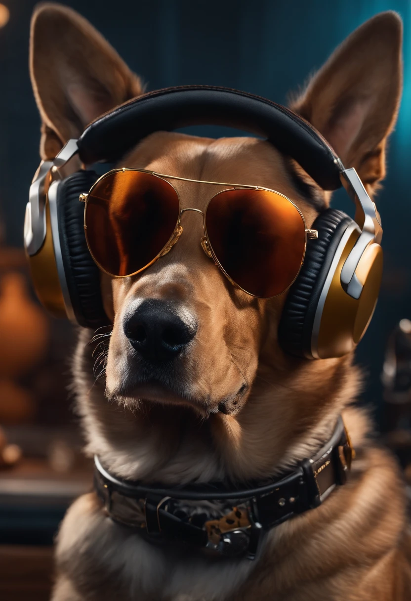 Realistic style, Master Parts, Best Quality, 8K, art stations, foco nítido, Ultra-realistic, high détails, Cool dog wearing Ray-Ban sunglasses and headphones, Podcast with microphone, Podcaster