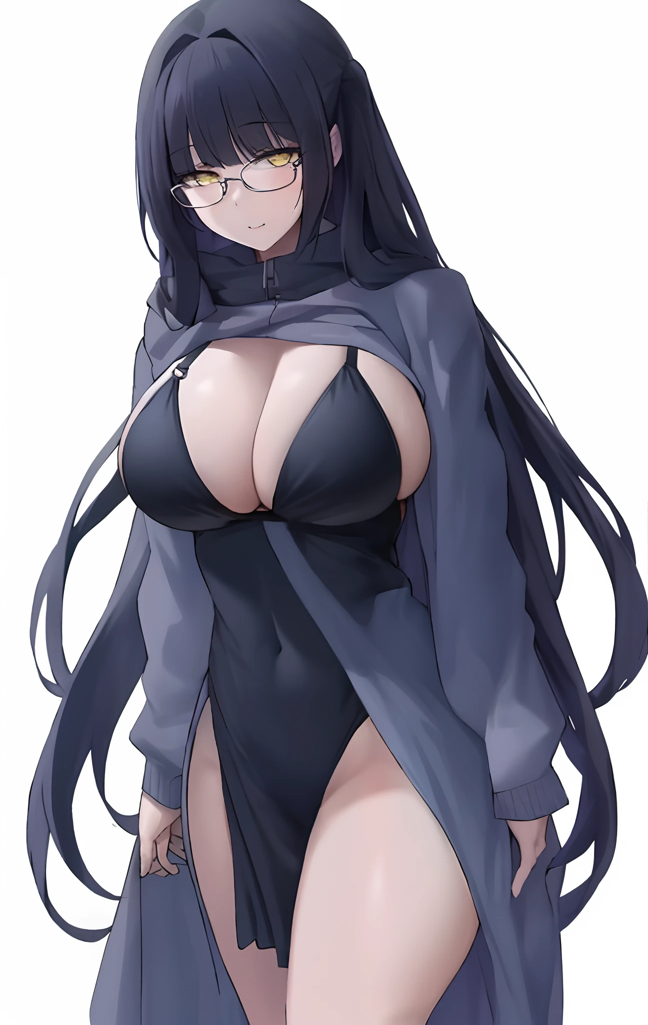 masterpiece,(bestquality),highlydetailed,ultra-detailed,{black hair} (long whitr hair)(Lateral hair)(Shawl hair)(hair straight)，(glasses),(Yellow eyes),fleshy feeling，fleshy legs,anime girl with big boos in a black bikini and a gray jacket, seductive anime girl, oppai, thicc, revealing clothes, ecchi, breasts covered and sfw, ecchi anime style, with a large breasts, oppai proportions, attractive anime girl, ecchi style, anime girls, anime best girl, big breasts!, anime girl, hinata hyuga