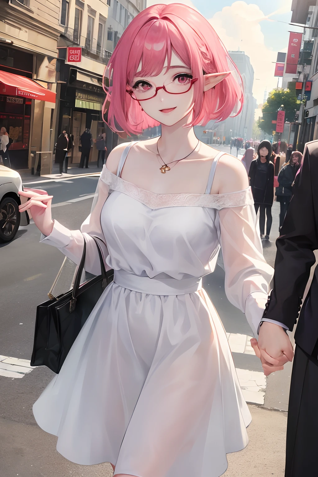 masterpiece、top-quality、Ultra Detail、beautiful lighting、1girl with、18age、High school students、(((Holding arms with dad)))、(((Date with dad)))、Beautiful face、Chiquita、Red glasses(((Red glasses)))、Adult Date Clothes、White Dress、girl with、Beautie、A smile、(cute smile face:1、1)、(shiny lip:1.1)、(beautidful eyes:1.1)、short-hair、bob cuts、Pink hair、Red glasses、Pink eyes、elf-ears、、Well-formed face、large full breasts、Smiling a little、masutepiece、Best Quality、High resolution、1girl in、Cowboy Shot、From Side、Looking at Viewer、city、Sunlight、Sunny、pale skin、Curve、Blunt bangs、lightsmile、Fingernails、Walking、Looking at Viewer、chee、In the street、Window Shopping