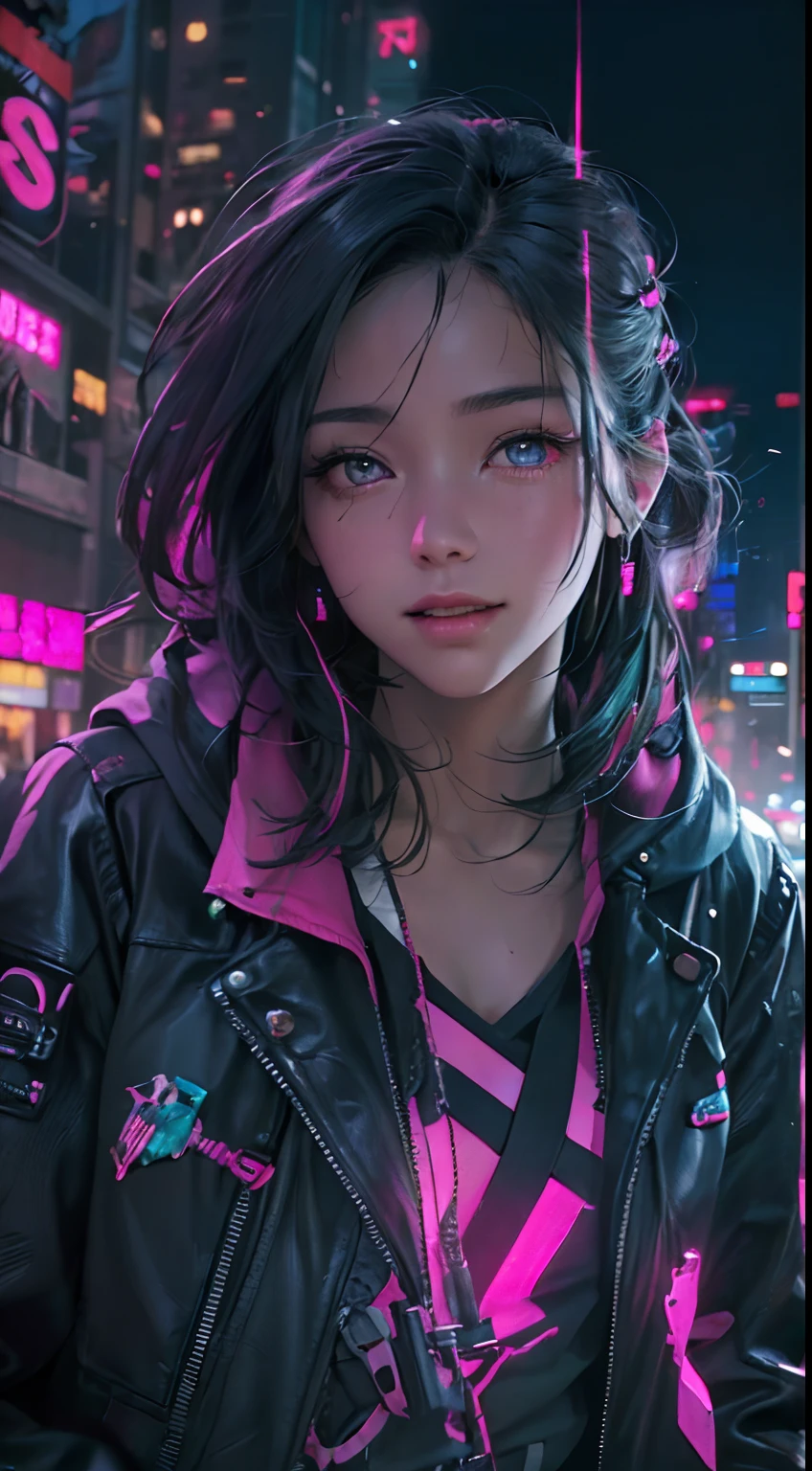 (1girl in)、(Plump beauty)、(30-years old)、(Very long hair)、(Top image quality)、(8K picture quality)、(cyberpunked)、(masutepiece)、 (Flickering of light)、(Wear a cyberpunk hooded military uniform)、(Picture of me driving a motorcycle:1.5)、(confident grin:1.2)、(Full body photo)、cinematric light, Cinema Shadow, Sharp Image, (Extremely detailed:1.7)、 Volumetric, Bright sprites, particles effect, beautiful effects, Vivid colors, neons, Neon light, Highly detailed image textures, detailed hairs, Detailed face, Detailed eyes, Full body photo, city、Dark hair、Eyes glow、Photo from the knee up、beautiful effects, Vivid colors, Highly detailed image textures, detailed hairs, Detailed eyes,(Cyberpunk cityscape) (Black and pink aura overflowing from clothes:1.5)