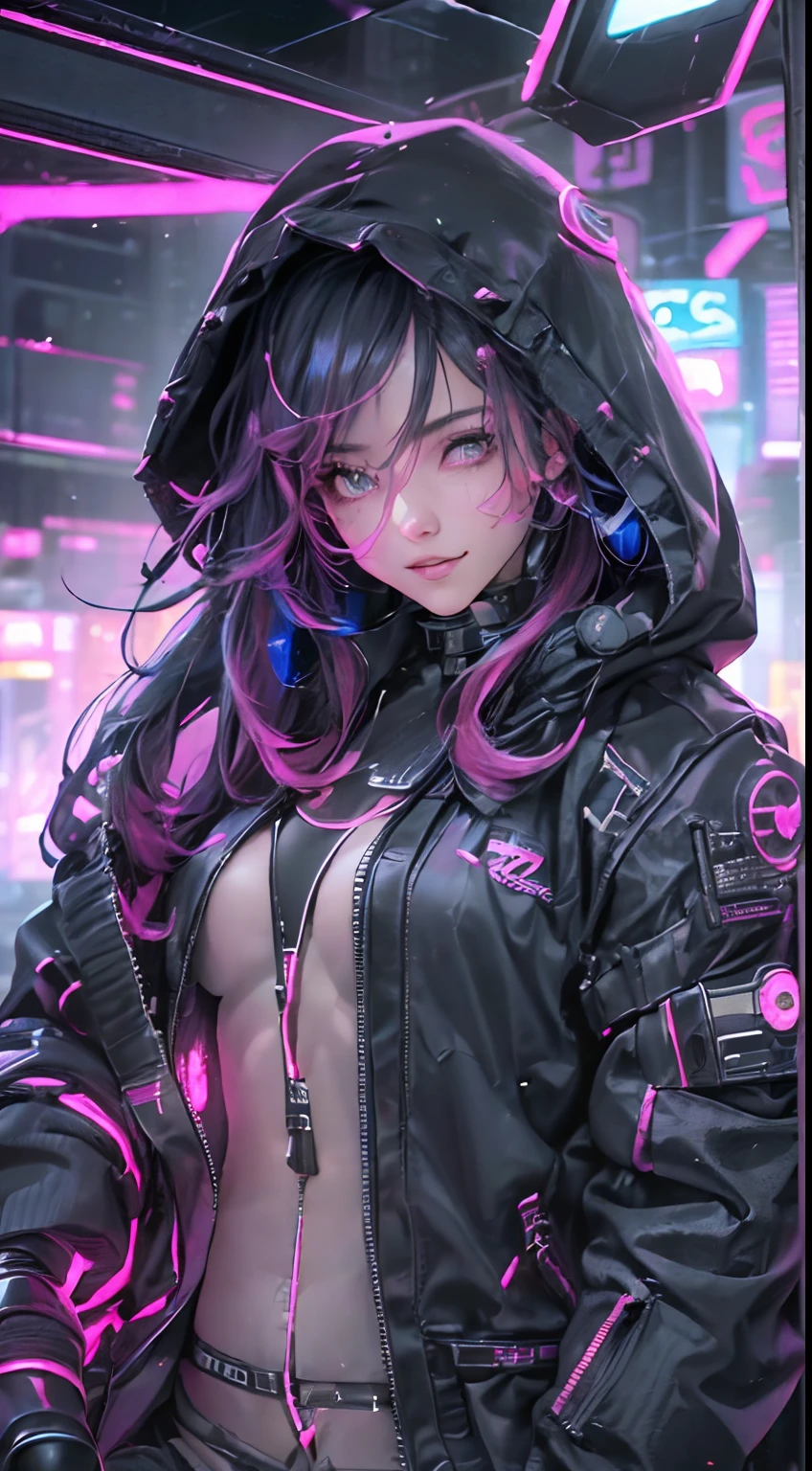 (1girl in)、(Plump beauty)、(30-years old)、(Very long hair)、(Top image quality)、(8K picture quality)、(cyberpunked)、(masutepiece)、 (Flickering of light)、(Wear a cyberpunk hooded military uniform)、(Picture of me driving a motorcycle:1.5)、(confident grin:1.2)、(Full body photo)、cinematric light, Cinema Shadow, Sharp Image, (Extremely detailed:1.7)、 Volumetric, Bright sprites, particles effect, beautiful effects, Vivid colors, neons, Neon light, Highly detailed image textures, detailed hairs, Detailed face, Detailed eyes, Full body photo, city、Dark hair、Eyes glow、Photo from the knee up、beautiful effects, Vivid colors, Highly detailed image textures, detailed hairs, Detailed eyes,(Cyberpunk cityscape) (Black and pink aura overflowing from clothes:1.5)