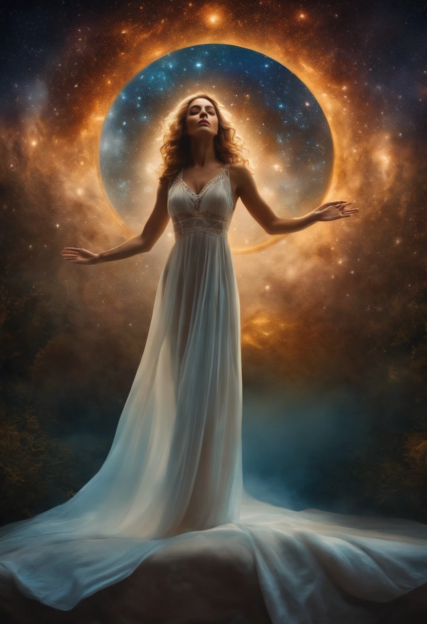 "Cosmic Essence Incarnate: Craft an image that envisions the cosmic as a human being. Picture a figure whose essence is intertwined with the universe, radiating cosmic energy and wonder. Highlight elements like swirling galaxies, stars, and nebulae within their form. Use a celestial color palette that blends deep space hues with ethereal glows. The image should evoke a sense of transcendence and infinite possibility, offering viewers a glimpse of the universe's mysteries embodied in human form. 8K UHD, intricate cosmic details, celestial color palette, and an atmosphere of cosmic wonder."