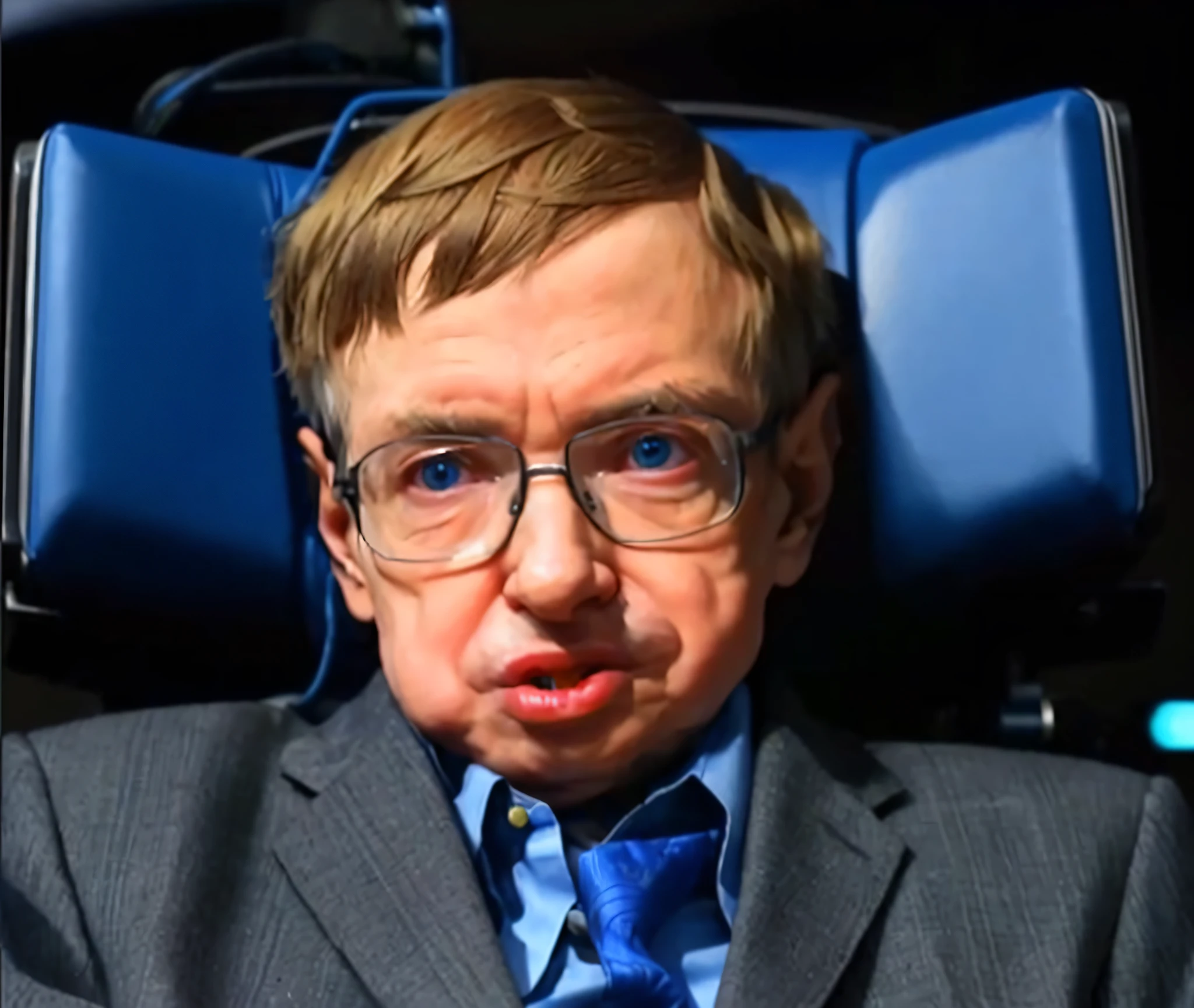 homem de terno e gravata sentado em uma cadeira, Stephen Hawking em Rocket League, stephen hawking, extremamente realista, he has a devastated expression, andy milonakis, Rossdtaws, linus sebastian, hiperrealisim, very realistic appearance, Super-realista, Face extremamente realista, extremely realistic, amazing likeness, rosto hiper realista, incredible