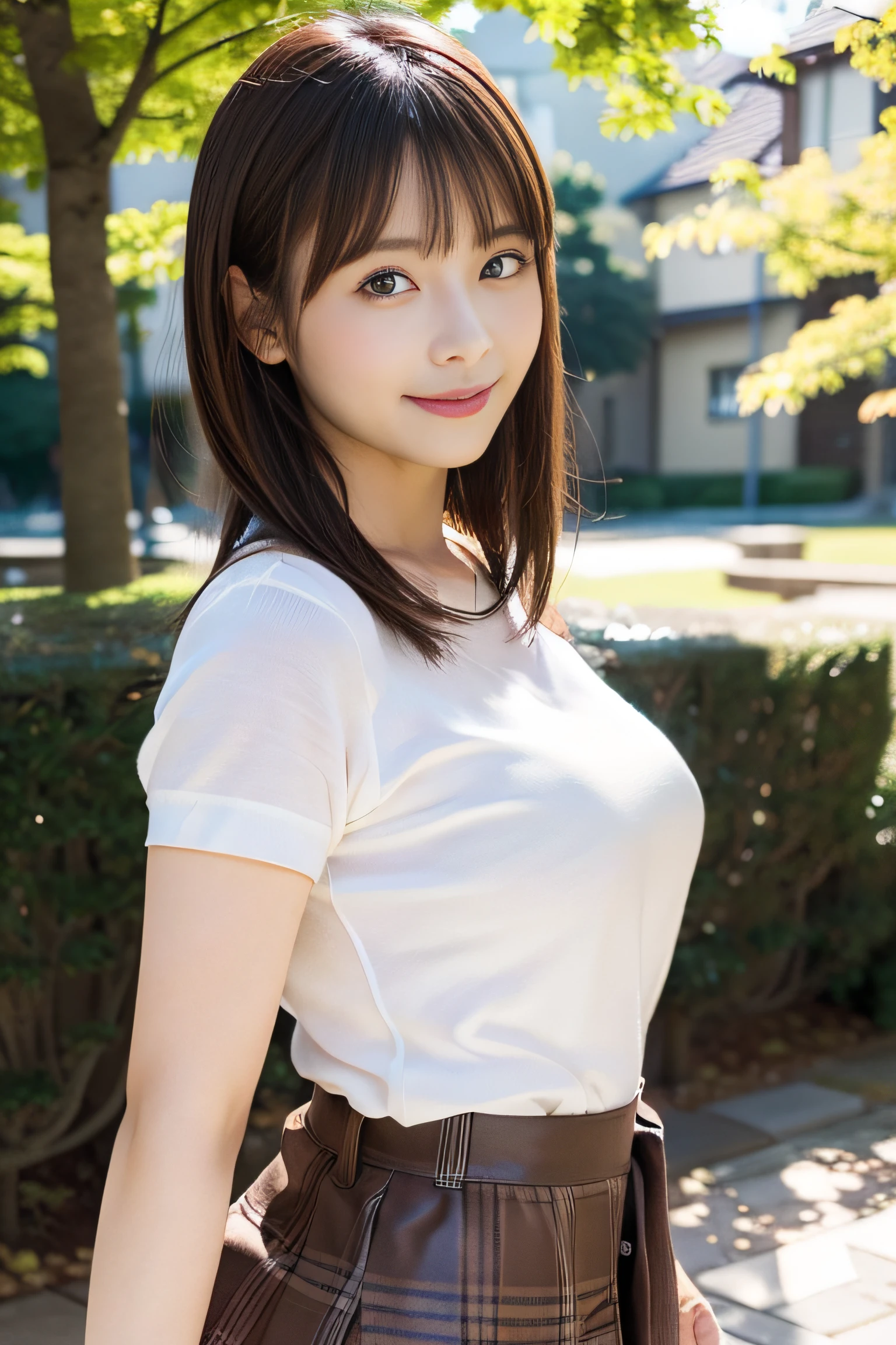 in 8K,Best Quality:1.4, 超A high resolution:1.5, (Photorealistic:1.4),masterpiece:1.2,(top-quality:1.4)、 Raw photo、(the background is blurred), A park on a hill with a good view:1.4、On the lawn、FULL BODYSHOT:1.5、 1日本人の女の子, Cute, (Solo), (Shy smile), Smooth skin、(30-years old:1.4)、to stand、Check miniskirt、Cute mini skirt、 (Brown medium hair,Bangs), (touch hair:1.4)、nogizaka、cute little、Supple fingertips,Beautiful black eyes、natural skin textures:1.3, realistic eyes and face details:1.7、middlebreasts、gazing at viewer、gravure、beauty legs、autumnal