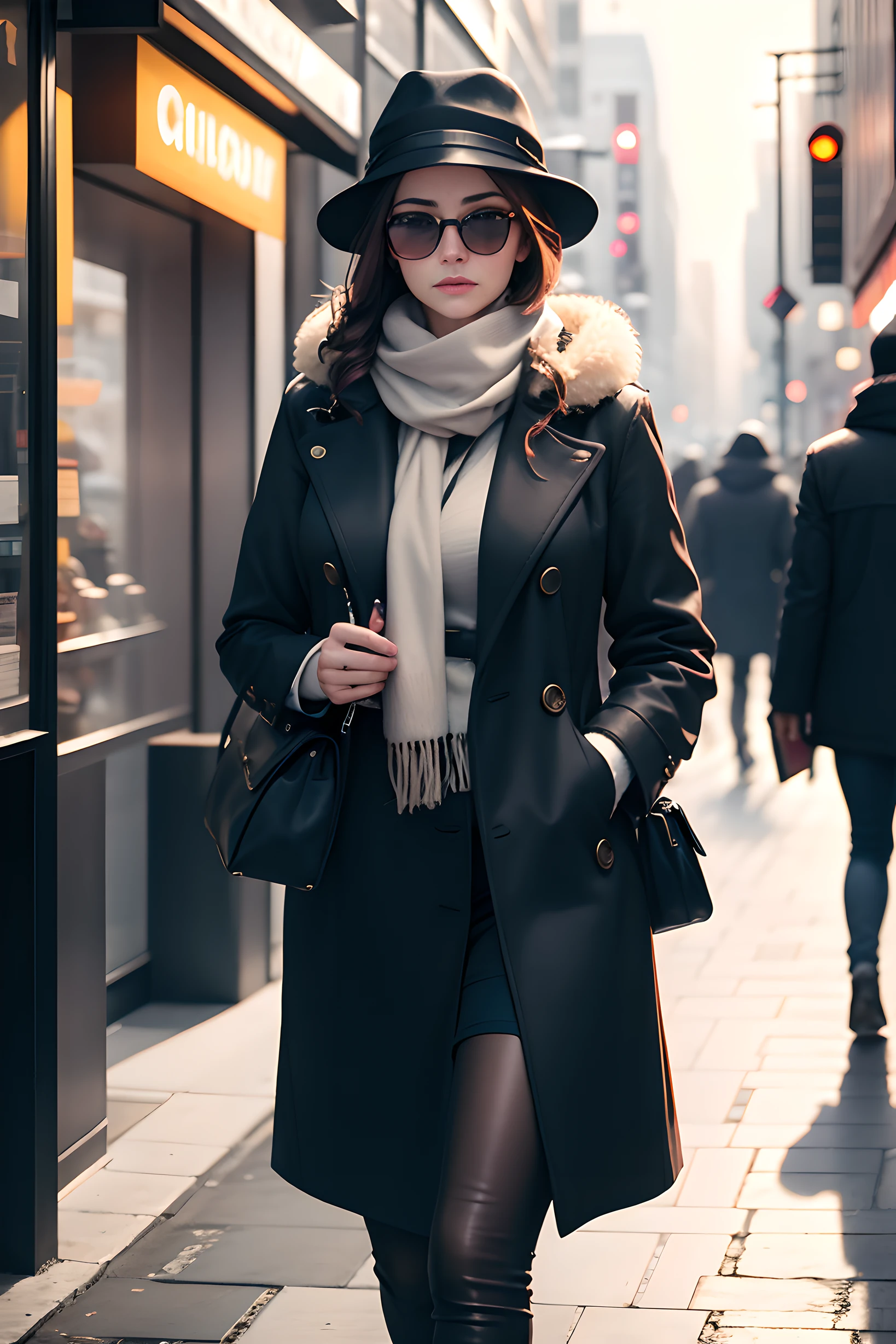 realistic photo of a woman in a cold city, disguised in a coat, sunglasses, cold hat, walking down the busy street