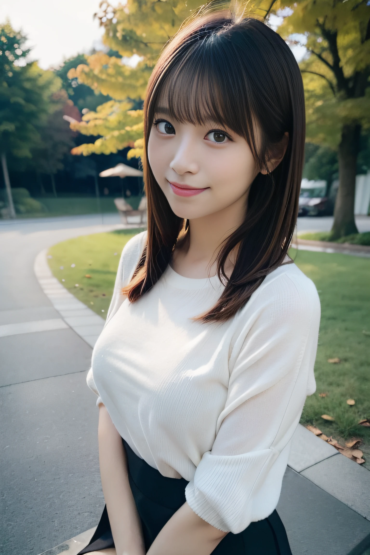 in 8K,Best Quality:1.4, 超A high resolution:1.5, (Photorealistic:1.4),​masterpiece:1.2,(top-quality:1.4)、 Raw photo、(the background is blurred), A park on a hill with a good view:1.4、On the lawn、FULL BODYSHOT:1.5、 1日本人の女の子, Cute, (Solo), (Shy smile), Smooth skin、(30-years old:1.4)、to stand、Check miniskirt、Cute mini skirt、 (Brown medium hair,Bangs), (touch hair:1.4)、nogizaka、cute little、Supple fingertips,Beautiful black eyes、natural skin textures:1.3, realistic eyes and face details:1.7、middlebreasts、gazing at viewer、gravure、beauty legs、autumnal