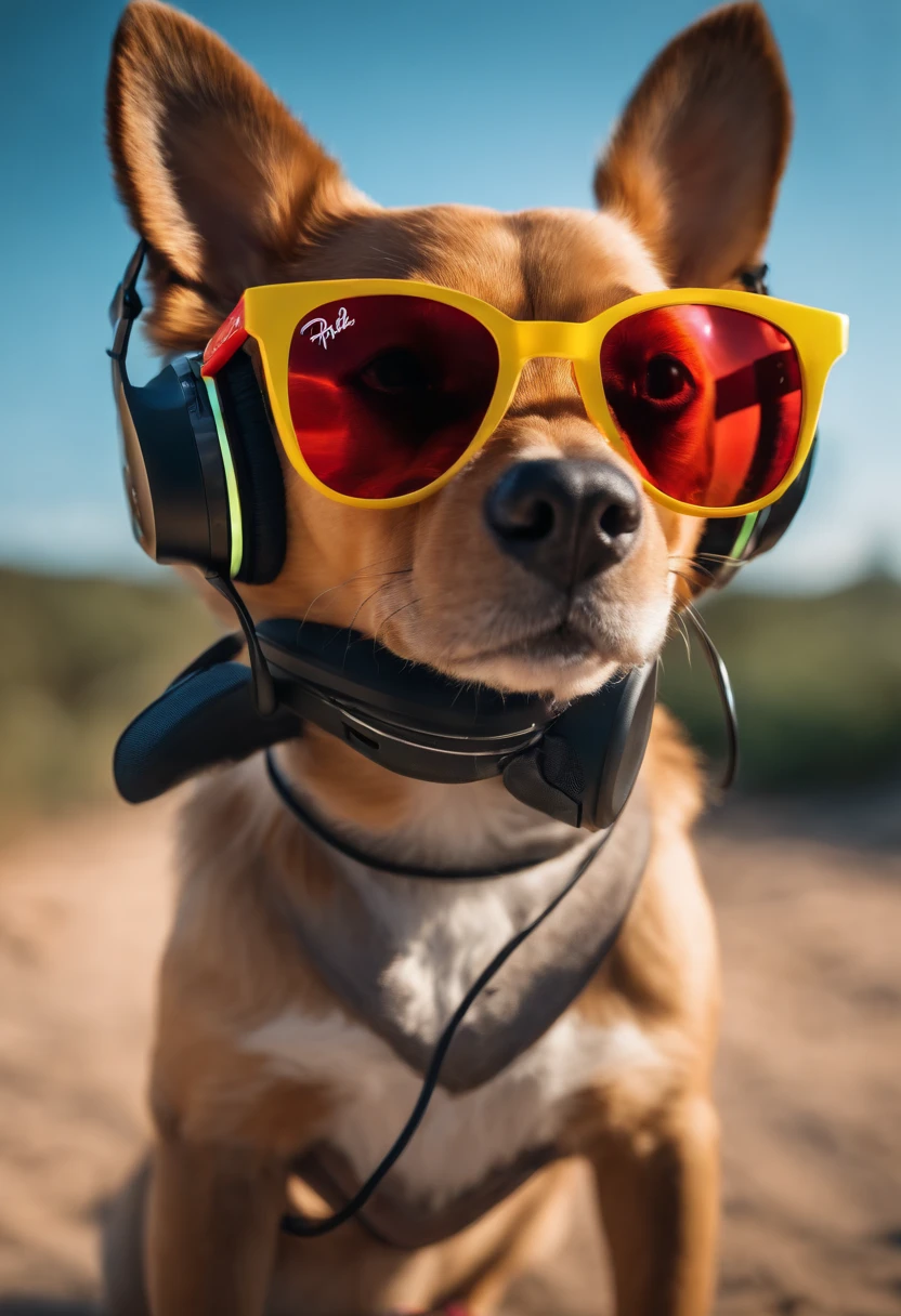 Realistic style, Master Parts, Best Quality, 8K, art  stations, foco nítido, Ultra-realistic, high détails, Cool puppy wearing Ray-Ban sunglasses and headphones, Podcasts with microphone, Podcaster