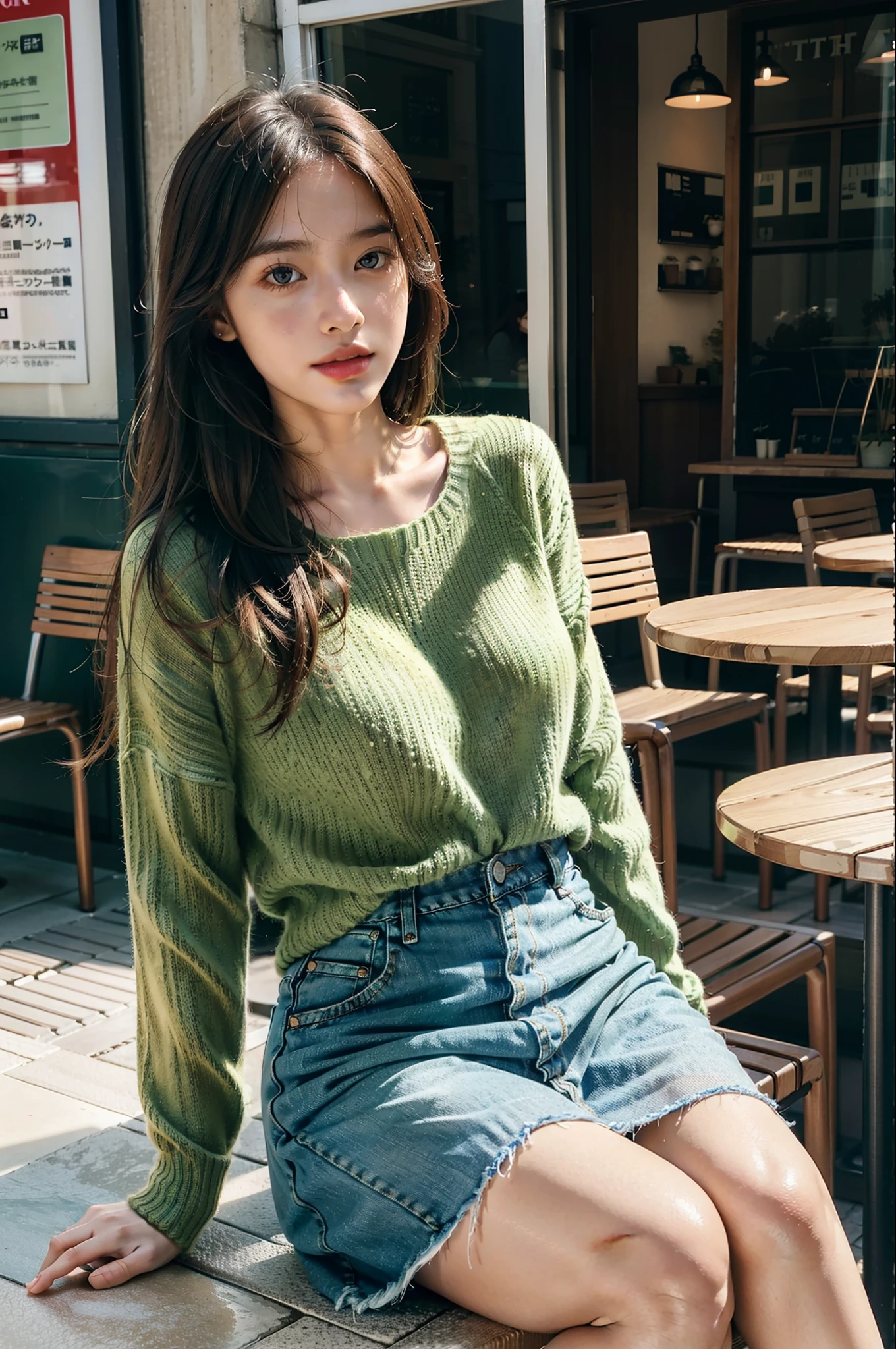 1girl in,Sit on the terrace of the café,Soft light、The face remains a model、Green knitted clothes、Wearing a denim skirt、Solo Shot、model shot