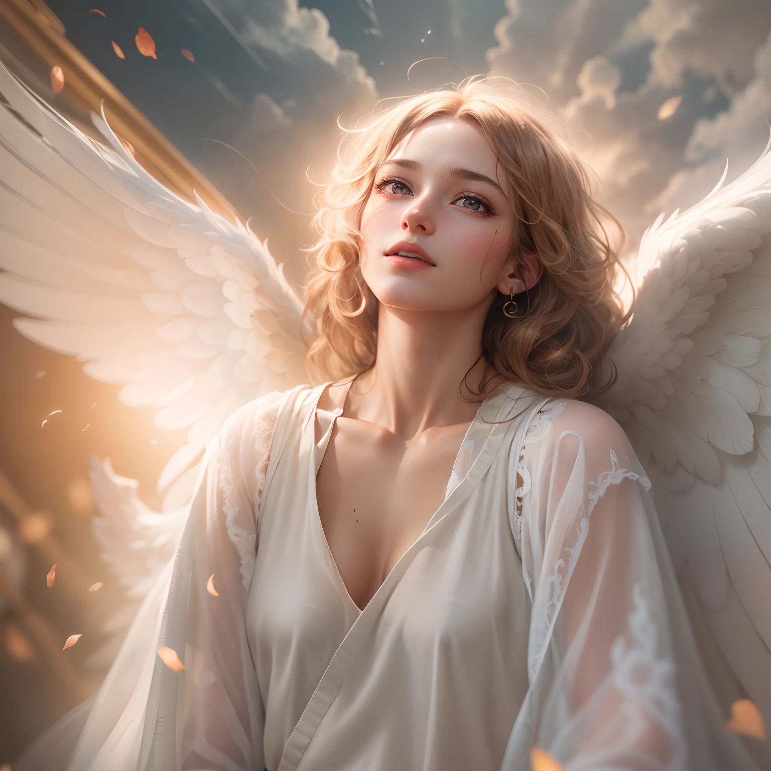 masterpiece, top quality, 8K, real person, realistic, very dense CG, shiny skin, fully focused, heaven, divine glory, radiant, angel, blessing, happiness,