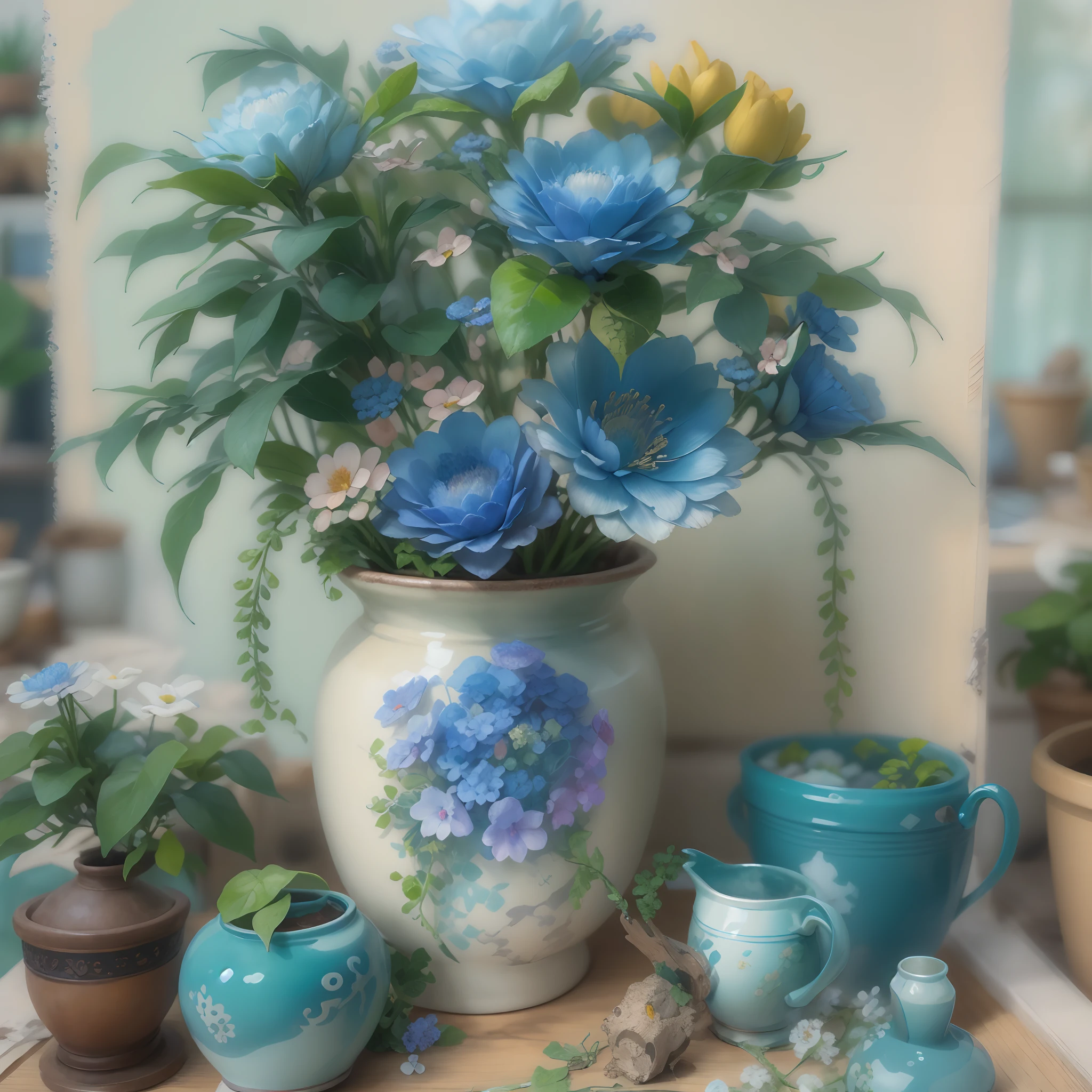 best qualtiy,tmasterpiece,超高分辨率,(photograph realistic:1.4),ultra-realistic realism,dream-like, Blue Higan flowers bloom in pots,Fantasy creatures, Dieselpunk AI,