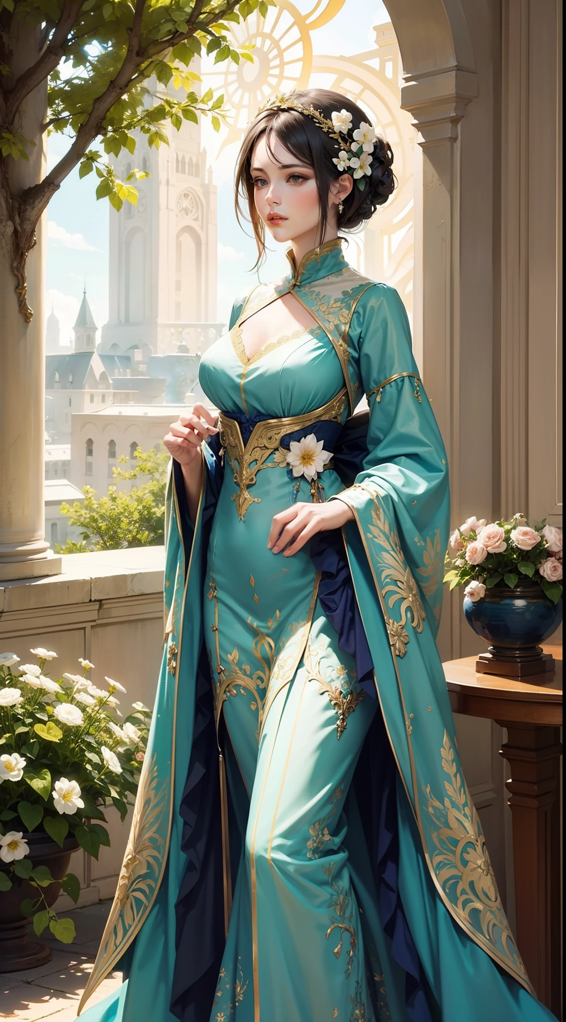 Beautiful woman in intricate Art Nouveau and floral costumes