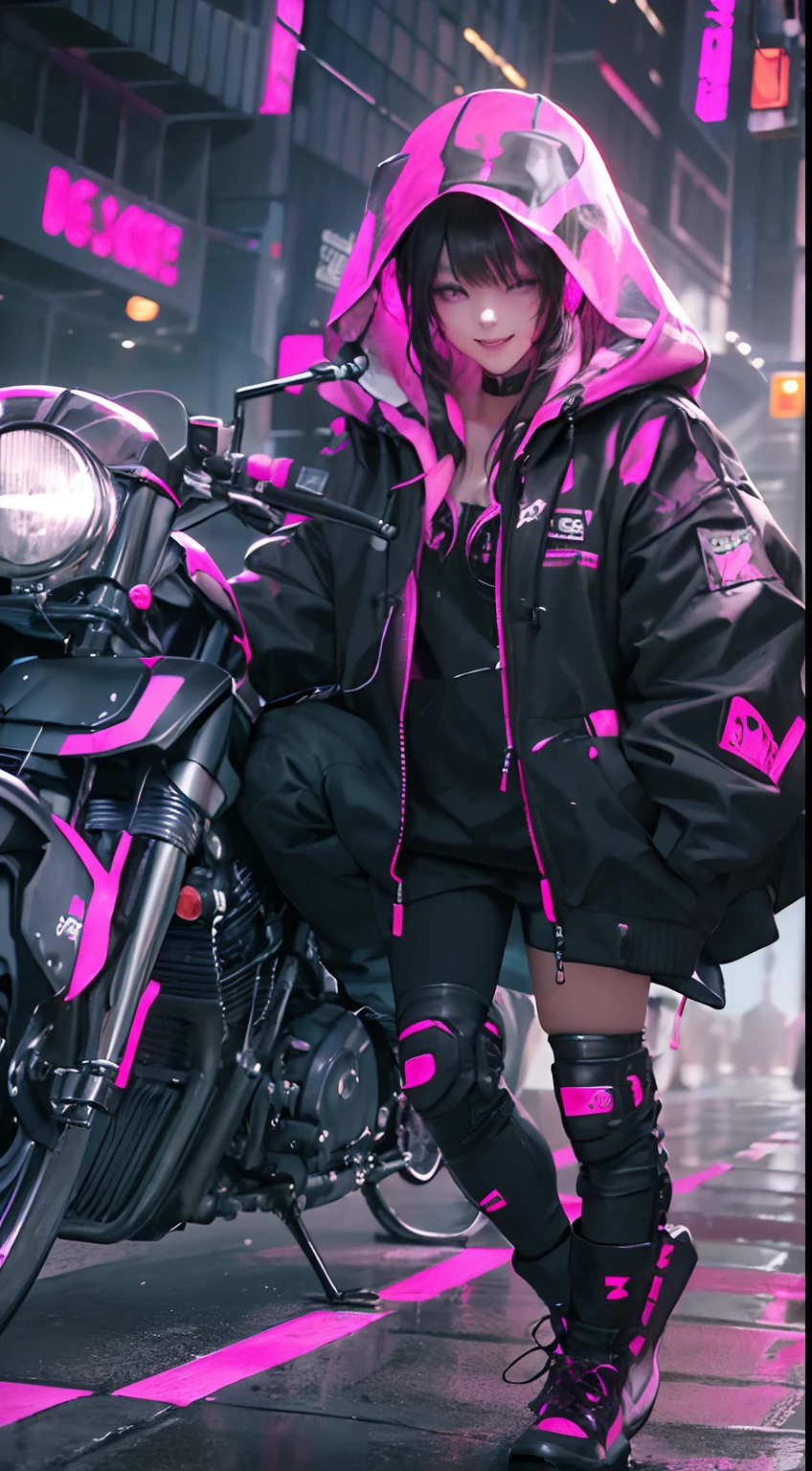 (1girl in)、(Plump beauty)、(30-years old)、(Very long hair)、(Top image quality)、(8K picture quality)、(cyberpunked)、(masutepiece)、 (Flickering of light)、(Wear a cyberpunk hooded military uniform)、(Picture of me driving a motorcycle:1.5)、(confident grin:1.2)、(Full body photo)、cinematric light, Cinema Shadow, Sharp Image, Extremely detailed, Volumetric, Bright sprites, particles effect, beautiful effects, Vivid colors, neons, Neon light, Highly detailed image textures, detailed hairs, Detailed face, Detailed eyes, Full body photo, city、Dark hair、Eyes glow、Photo from the knee up、beautiful effects, Vivid colors, Highly detailed image textures, detailed hairs, Detailed eyes,(Cyberpunk cityscape) (Black and pink aura overflowing from clothes:1.5)
