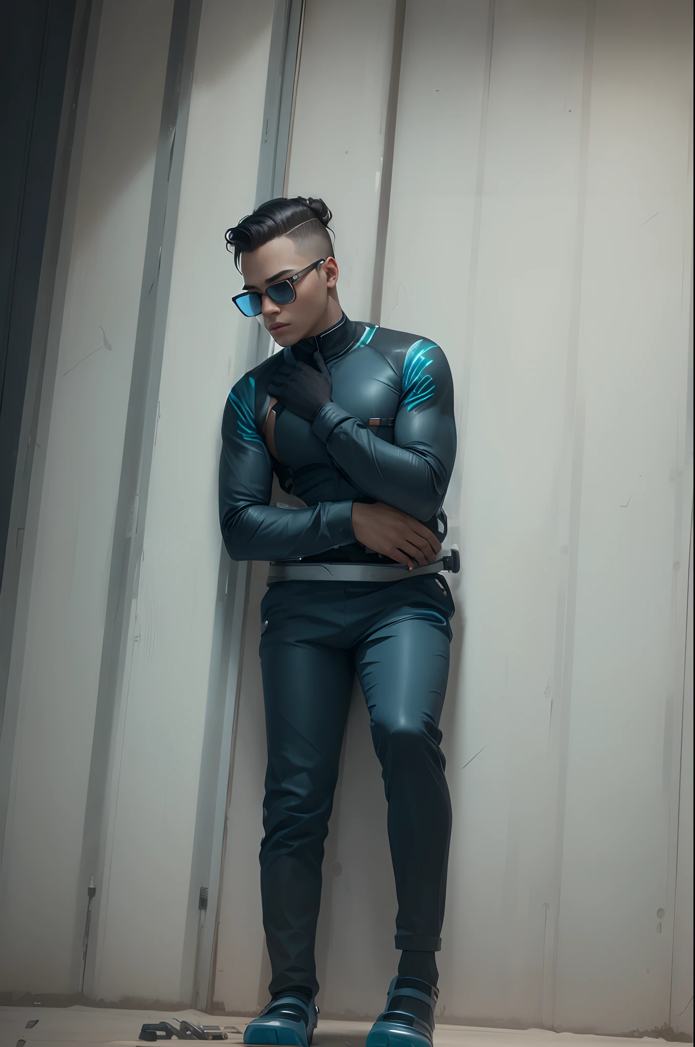A young boy in a tight sci - fi uniform, with a slim figure, whole body, with her hair up, male warrior
