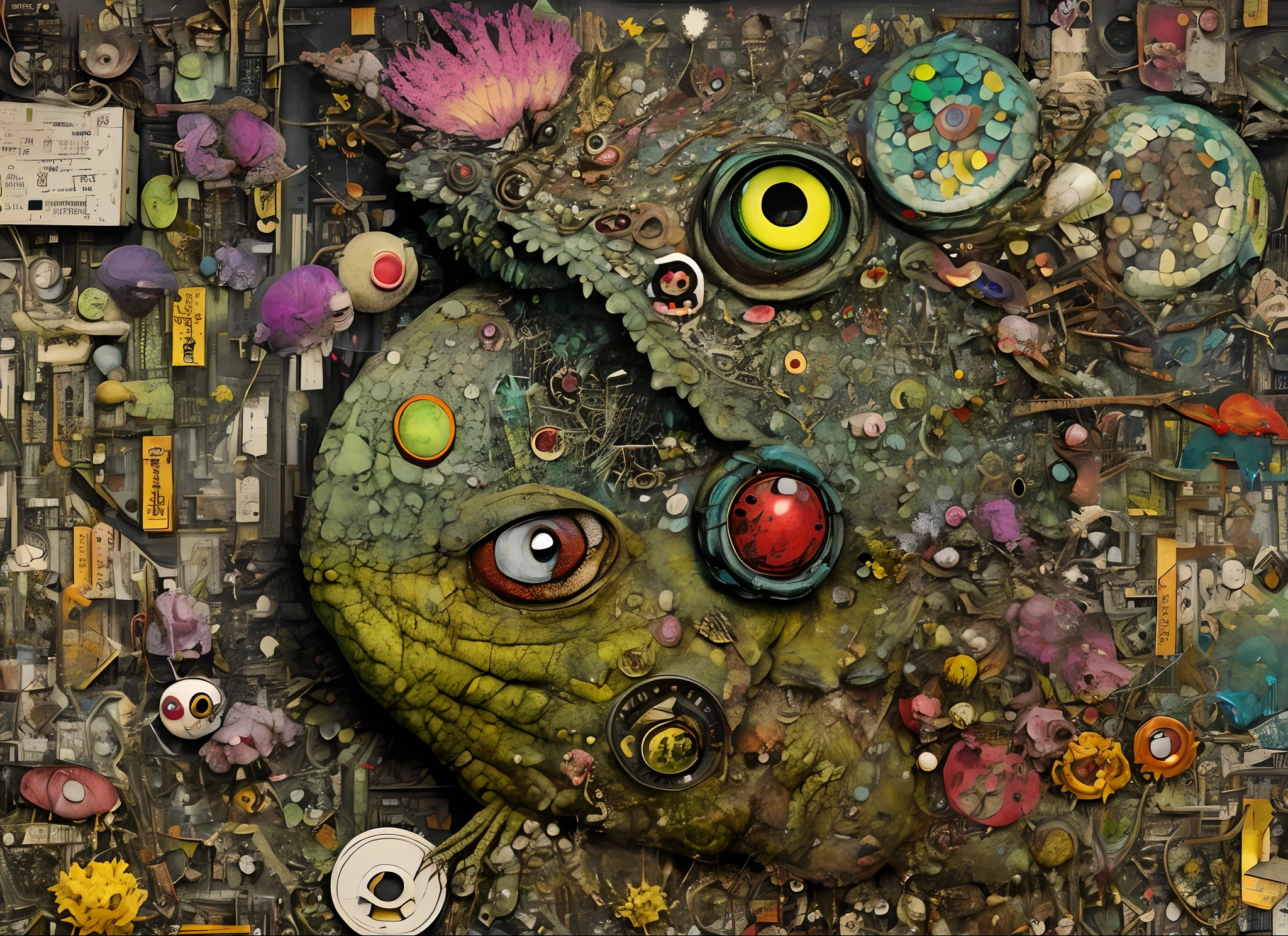 gonzobugs frog monster with a mouth full of food, deep sea fishing, vehicle, agate geode dandelion clowncore, war-torn post apocalyptic wonderland, fauvism , Caspar David Friedrich , Takashi Murakami , Diane Dillon , album cover art, perfect, smooth, pixiv, cgsociety, worn, old, dirty  cyberpunk2077Tarot_tarotCard  flowervirus