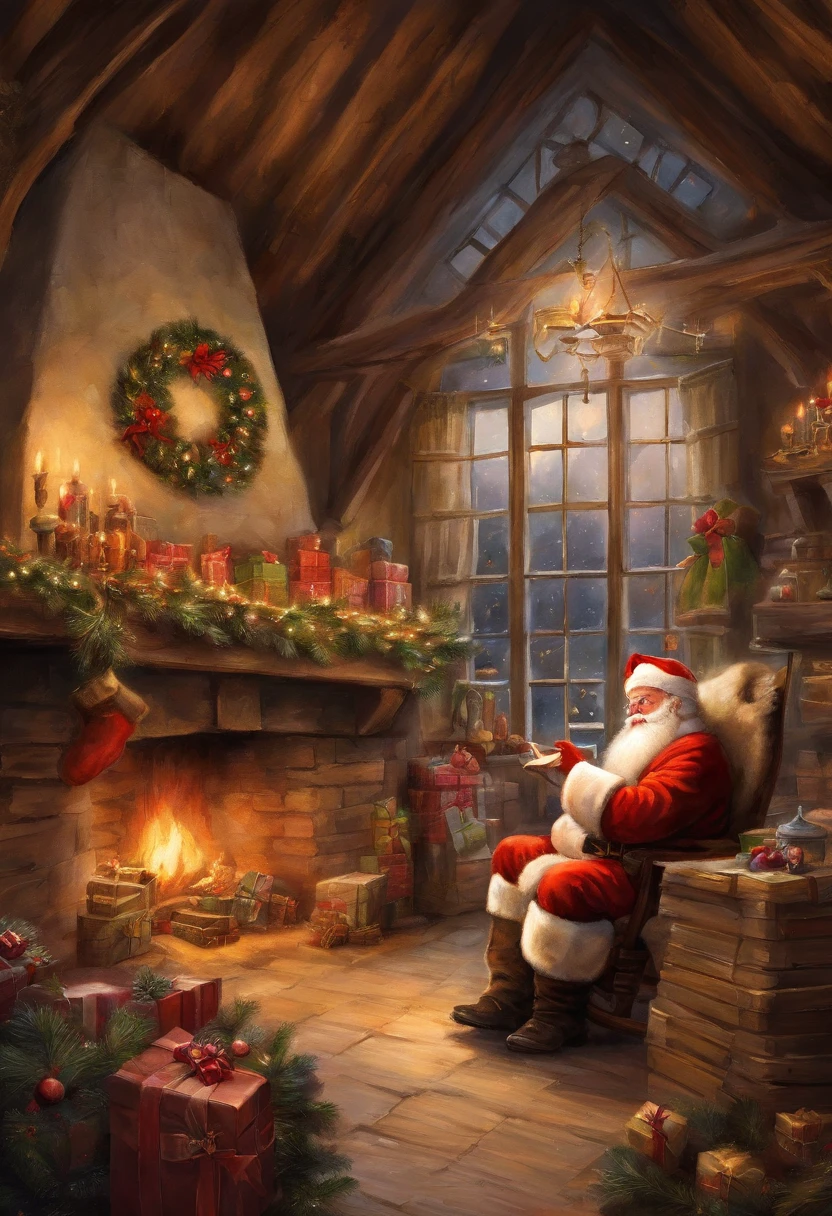 In a European-style house，Santa Claus is looking at the gift list，Gift decoration Christmas tree, santa, The ground is full of Christmas gifts，very high resolution, traditional art, Santa Claus Studio, 超高分辨率, illustration, Christmas evening, Extremely high resolution, Santa Claus in a country barn, hyper realisitc，Exquisite、best qualtiy、超詳細、Fine、Positioning details、Colorful colorful