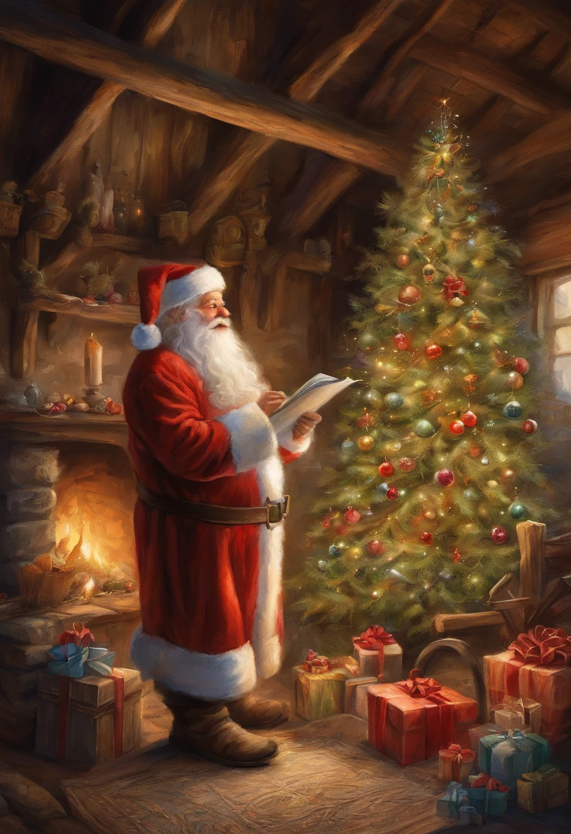 In a European-style house，Santa Claus is looking at the gift list，Gift decoration Christmas tree, santa, The ground is full of Christmas gifts，very high resolution, traditional art, Santa Claus Studio, 超高分辨率, illustration, Christmas evening, Extremely high resolution, Santa Claus in a country barn, hyper realisitc，Exquisite、best qualtiy、超詳細、Fine、Positioning details、Colorful colorful